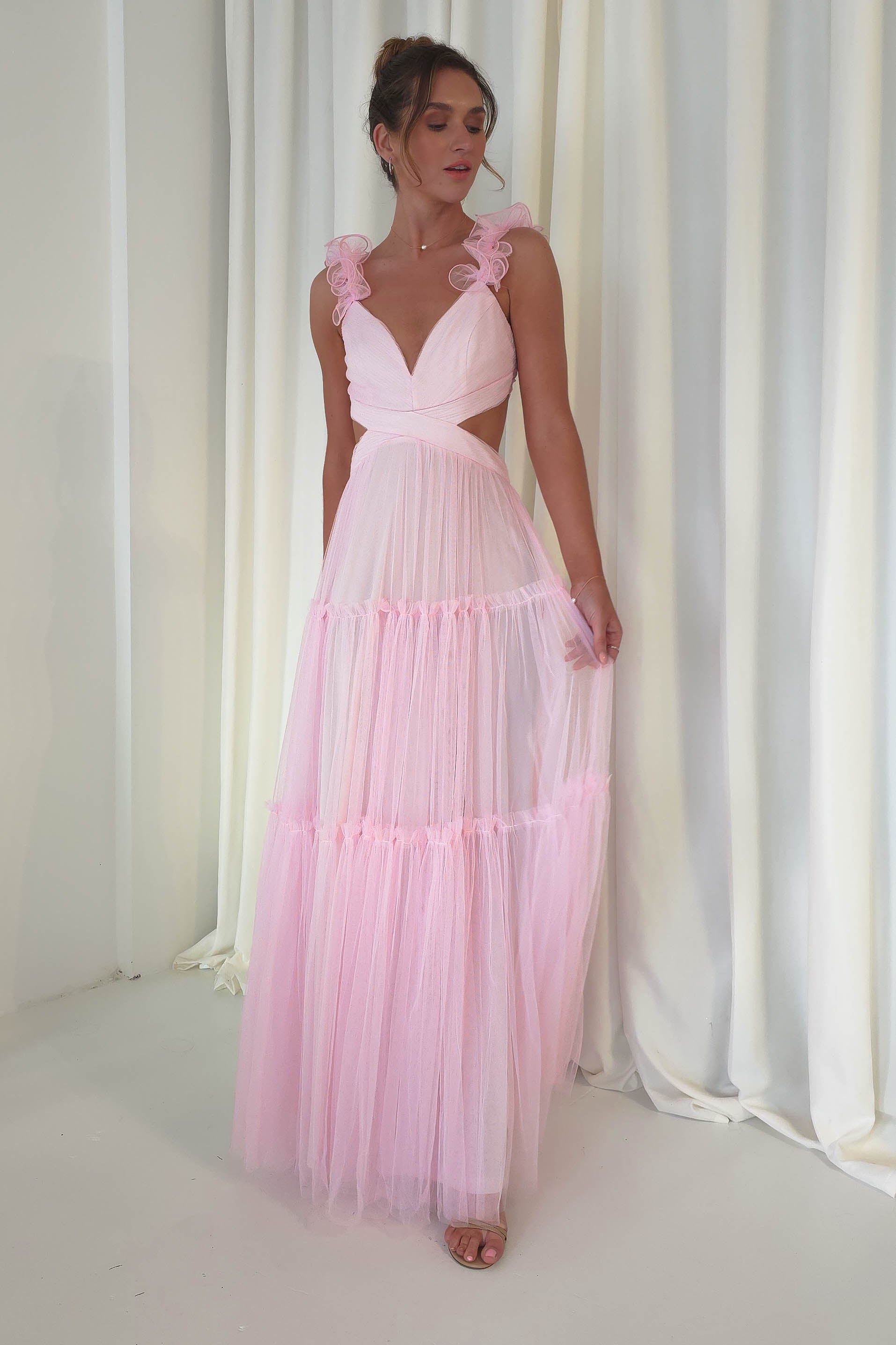 Galiena Ruffle Tulle Maxi Dress | Pink