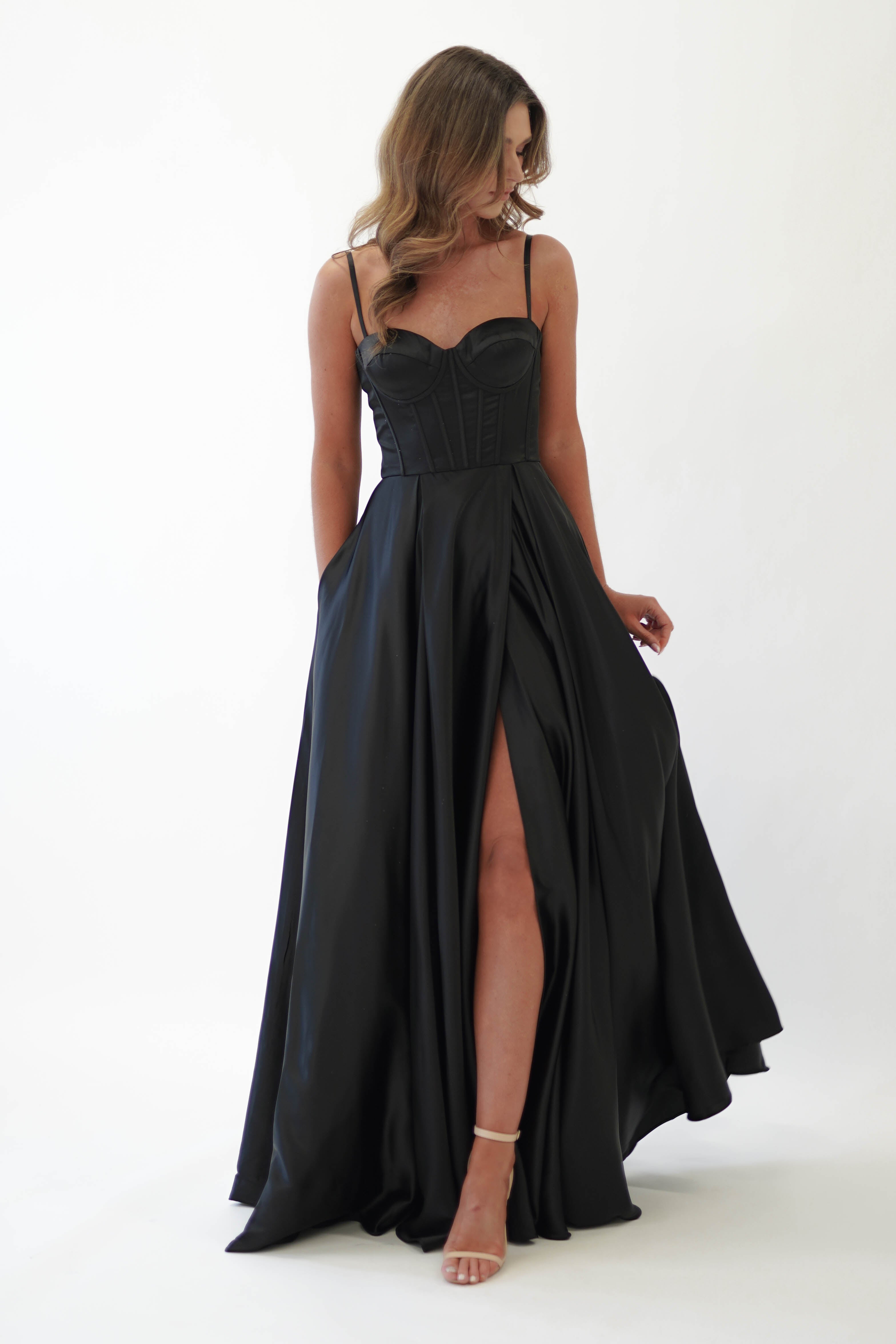Georgia Soft Satin Maxi Gown | Black