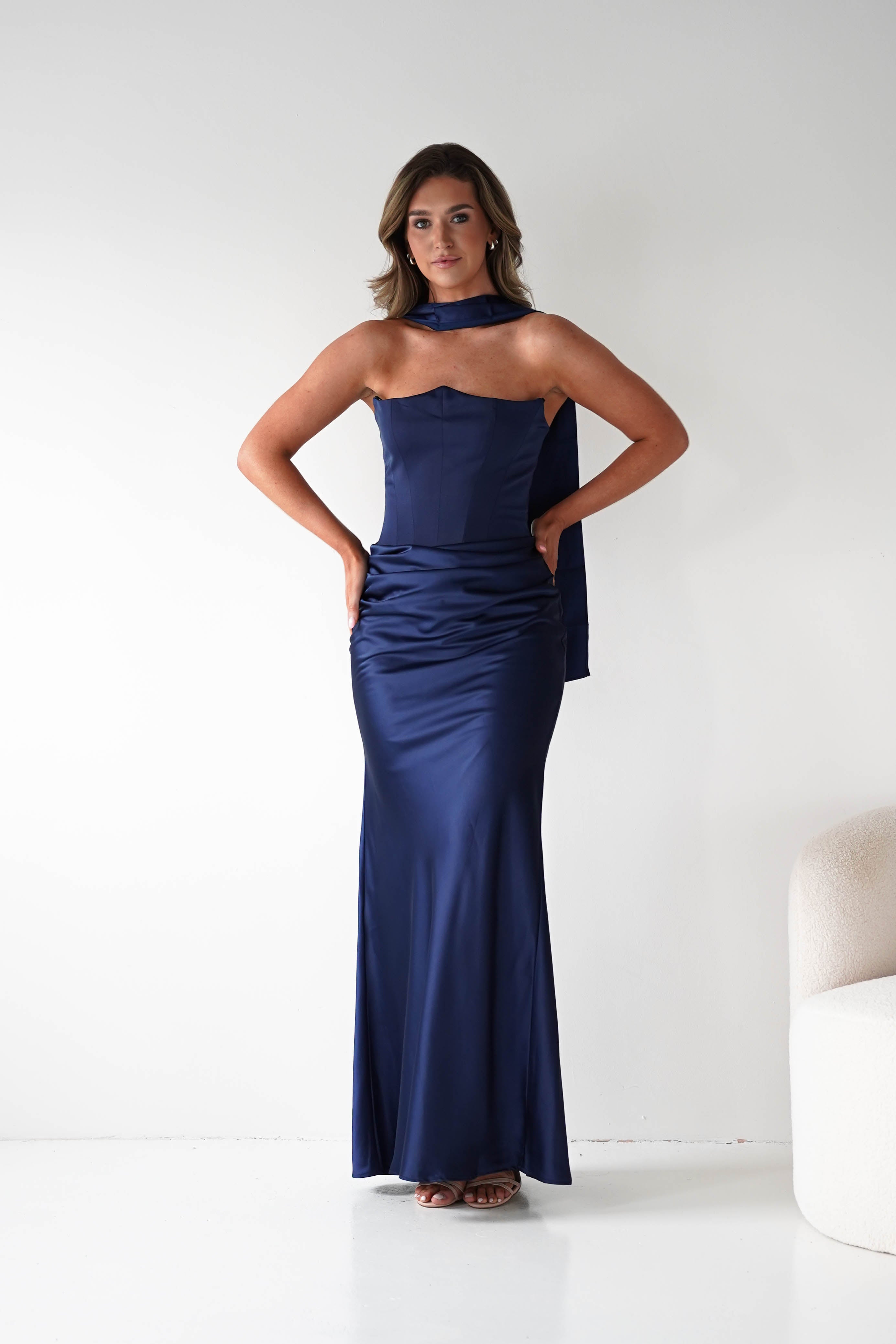 Oh Hello Clothing Dresses > Prom Dresses 1*DONE-Giselle Corset Satin Maxi Dress | New colour Navy