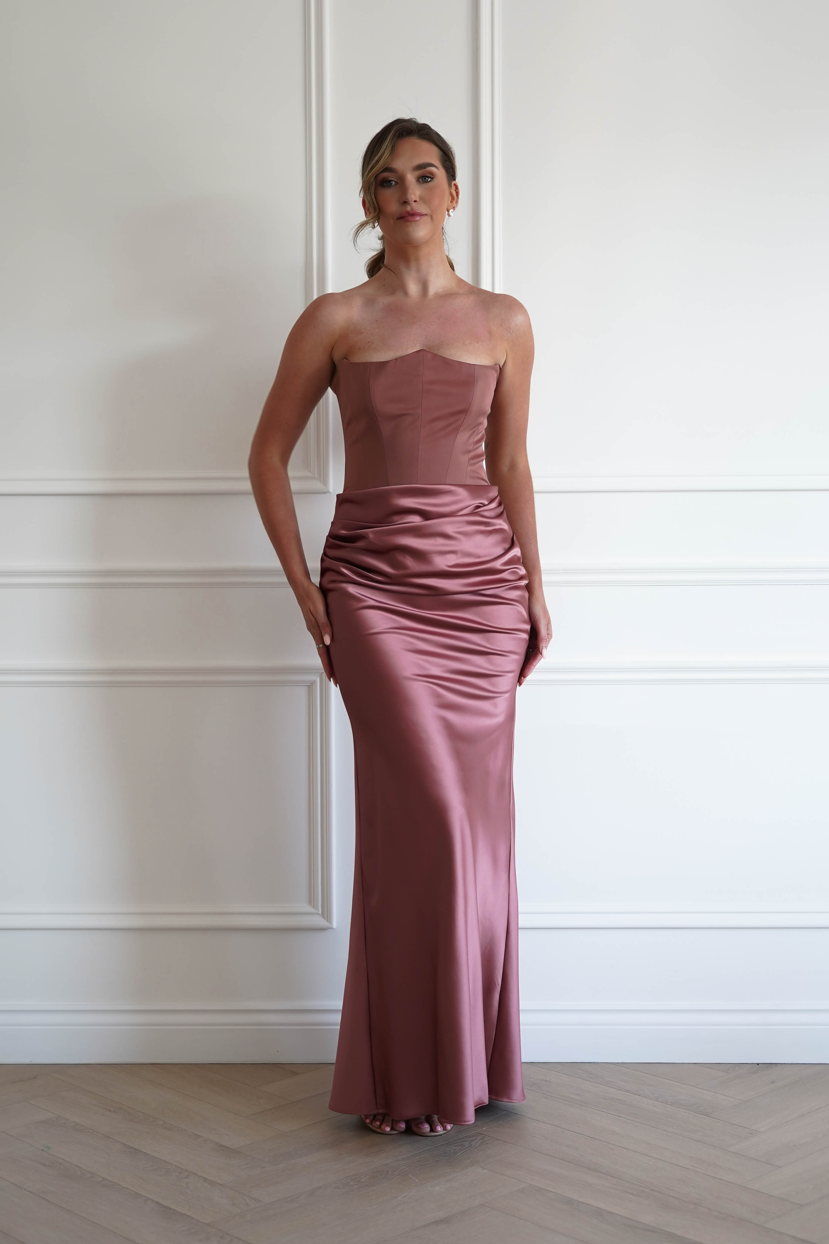 Oh Hello Clothing Dresses > Prom Dresses 1*DONE-Giselle Corset Satin Maxi Dress | ROSEWOOD