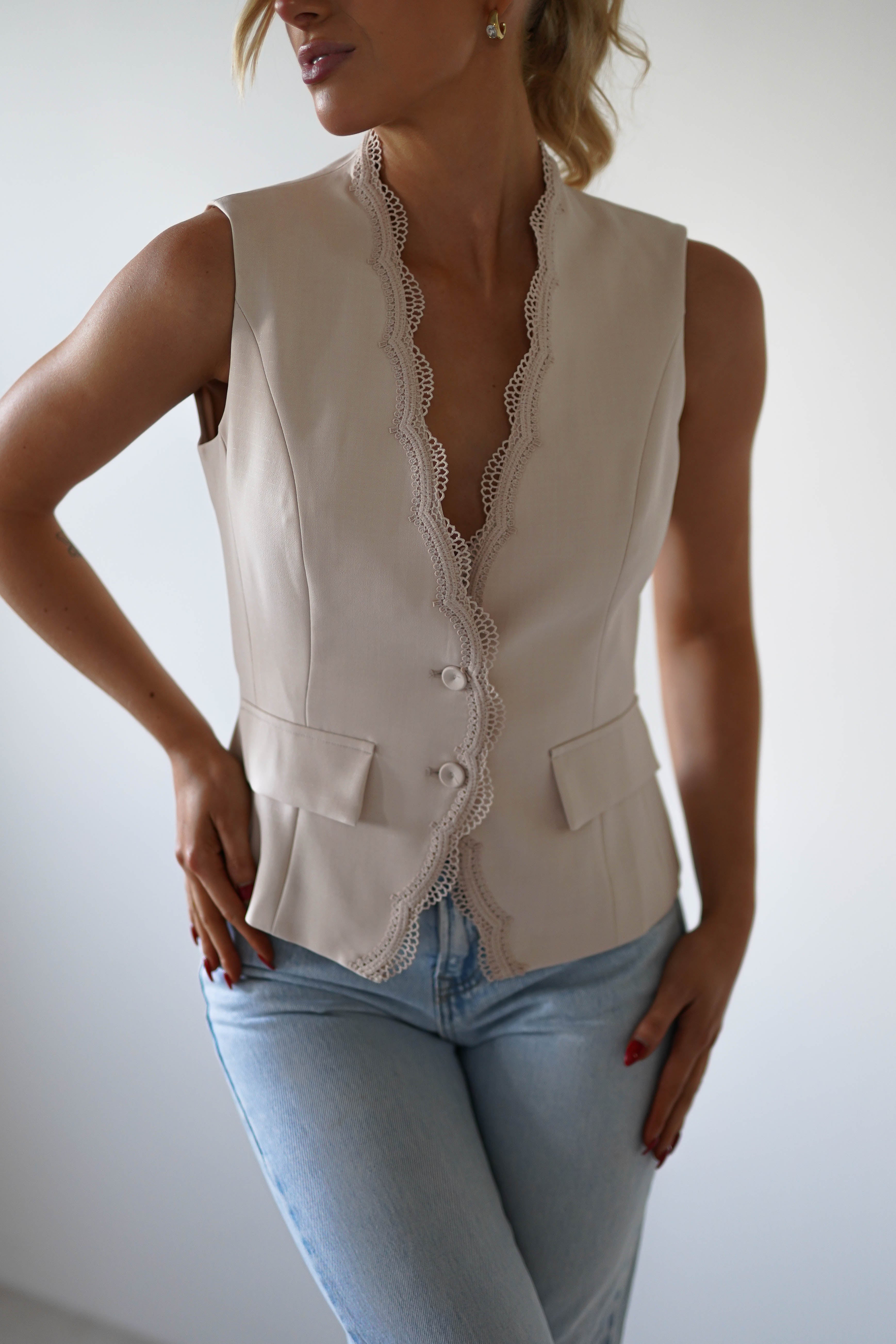 Rosha Lace Detail Waistcoat | Cream