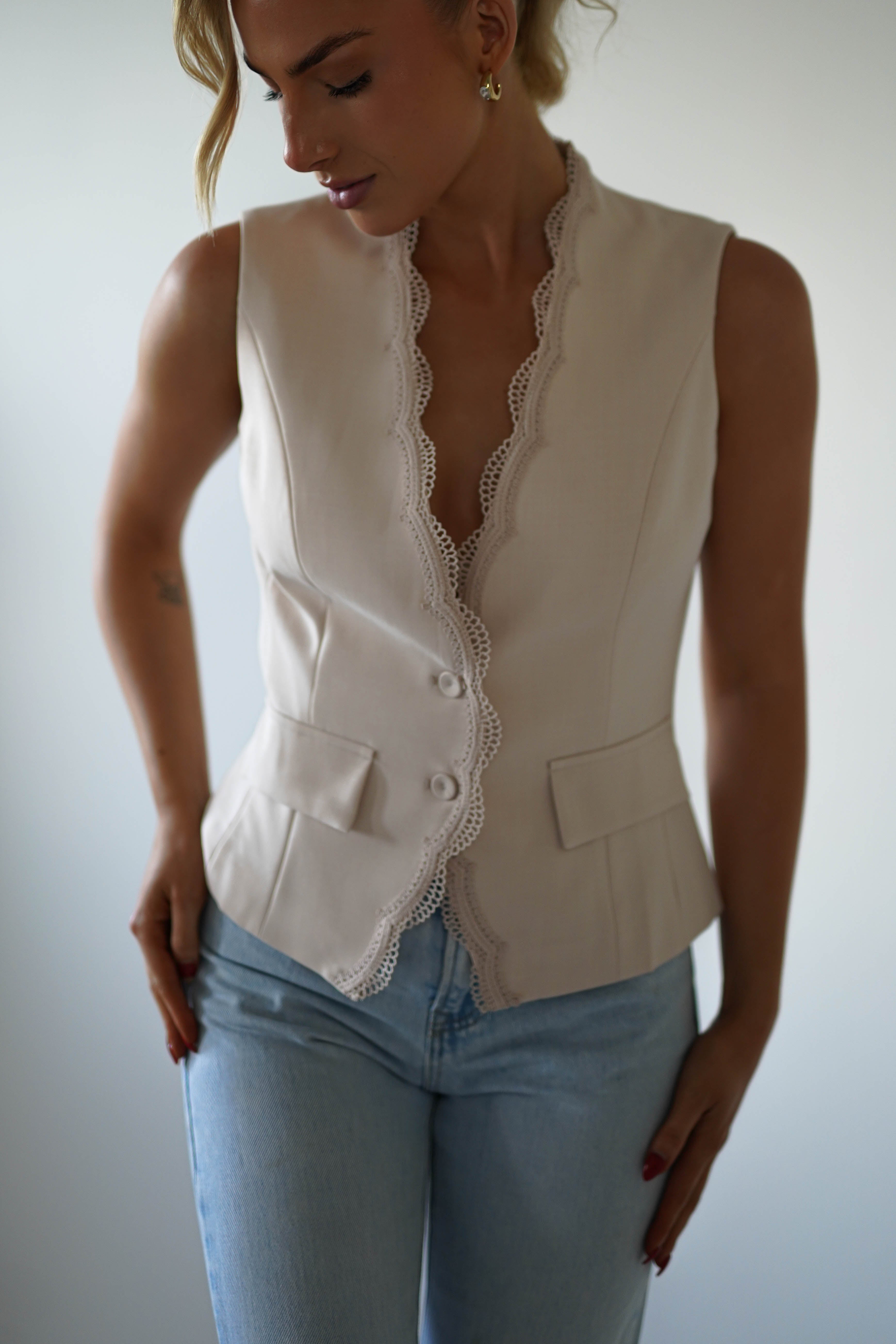 Rosha Lace Detail Waistcoat | Cream