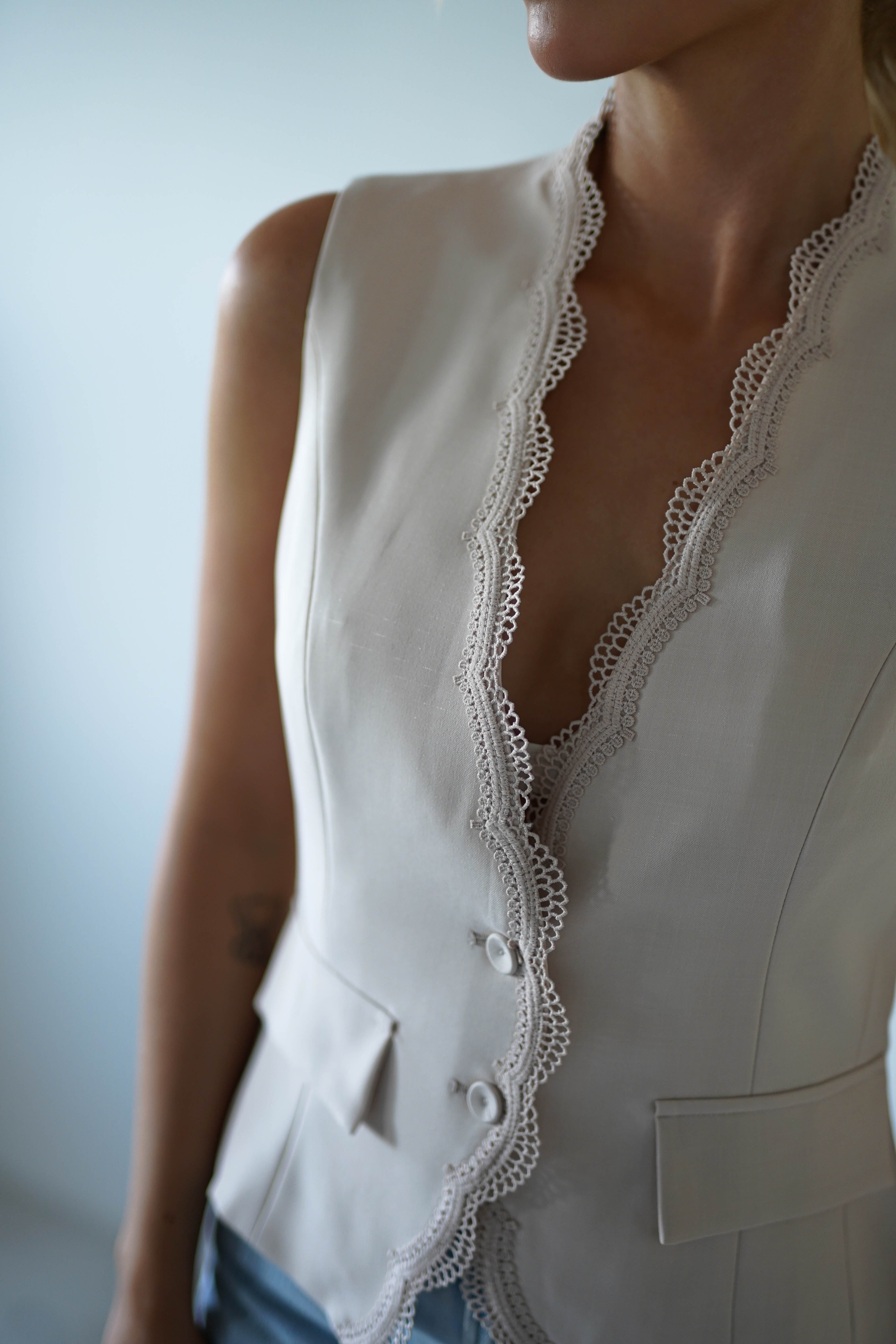 Rosha Lace Detail Waistcoat | Cream