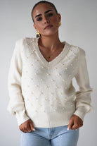 Oh Hello Clothing Women > Clothing > Knitwear ONE SIZE (6/12) 1*DONE-GRACIELA-Pearl Detail V-Neck Knit Jumper-PU8635