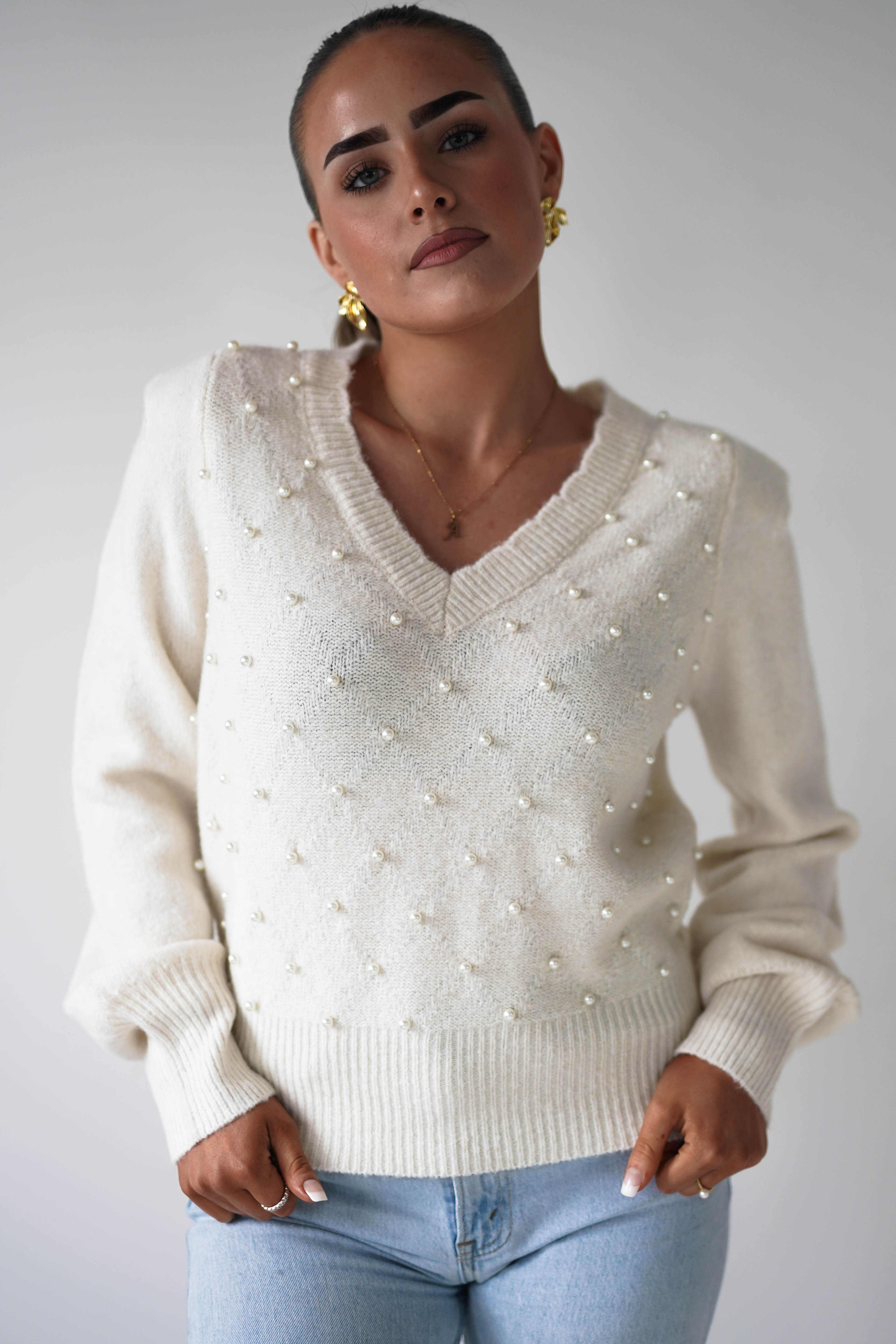 Oh Hello Clothing Women > Clothing > Knitwear ONE SIZE (6/12) 1*DONE-GRACIELA-Pearl Detail V-Neck Knit Jumper-PU8635