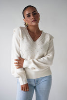 Oh Hello Clothing Women > Clothing > Knitwear ONE SIZE (6/12) 1*DONE-GRACIELA-Pearl Detail V-Neck Knit Jumper-PU8635