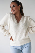 Oh Hello Clothing Women > Clothing > Knitwear ONE SIZE (6/12) 1*DONE-GRACIELA-Pearl Detail V-Neck Knit Jumper-PU8635