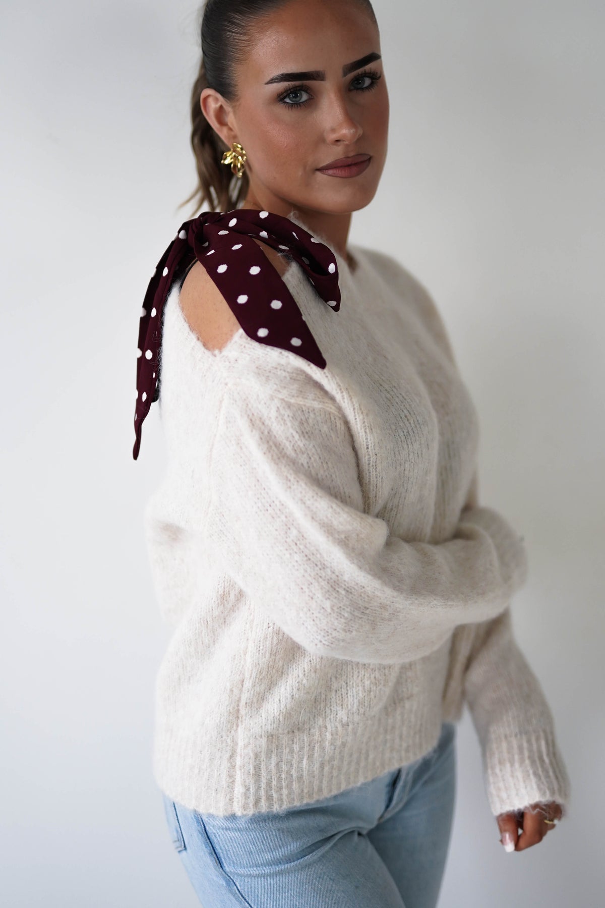 Oh Hello Clothing Women > Clothing > Knitwear ONE SIZE (6/12) 1*DONE-GRACIELA-PU6378 beige and BURGUNDY polka dot Detail Knit Jumper