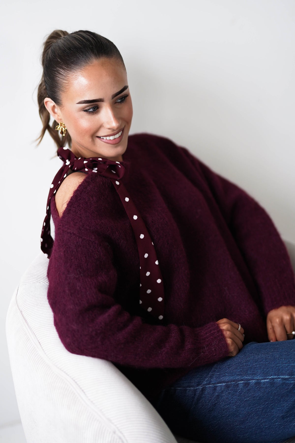 Oh Hello Clothing Women > Clothing > Knitwear ONE SIZE (6/12) 1*DONE-GRACIELA-PU6378 burgundy and white polka dot Detail Knit Jumper