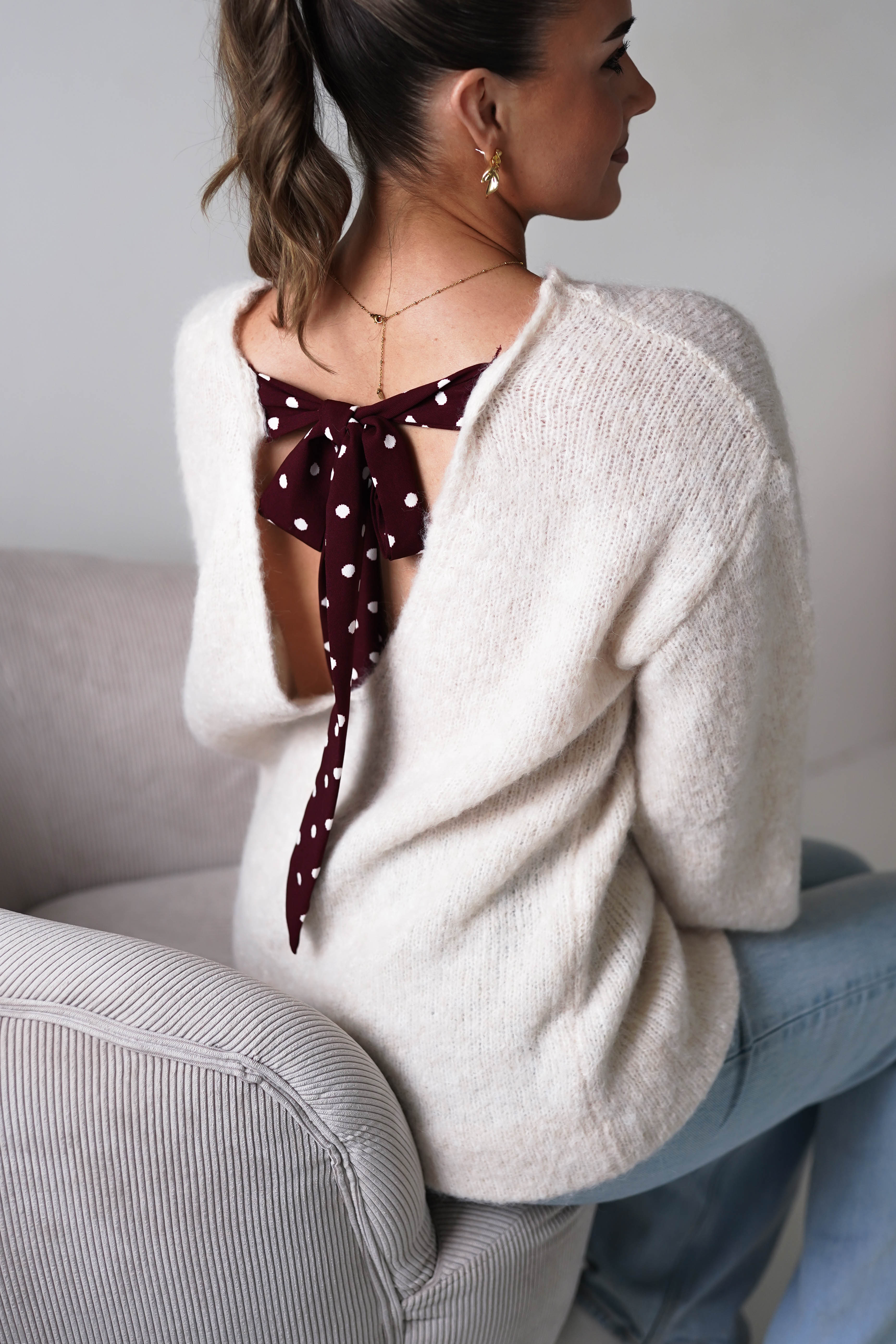 Oh Hello Clothing Women > Clothing > Knitwear ONE SIZE (6/12) 1*DONE-GRACIELA-PU6384- Polka Dot Bow Back Knit Jumper -beige
