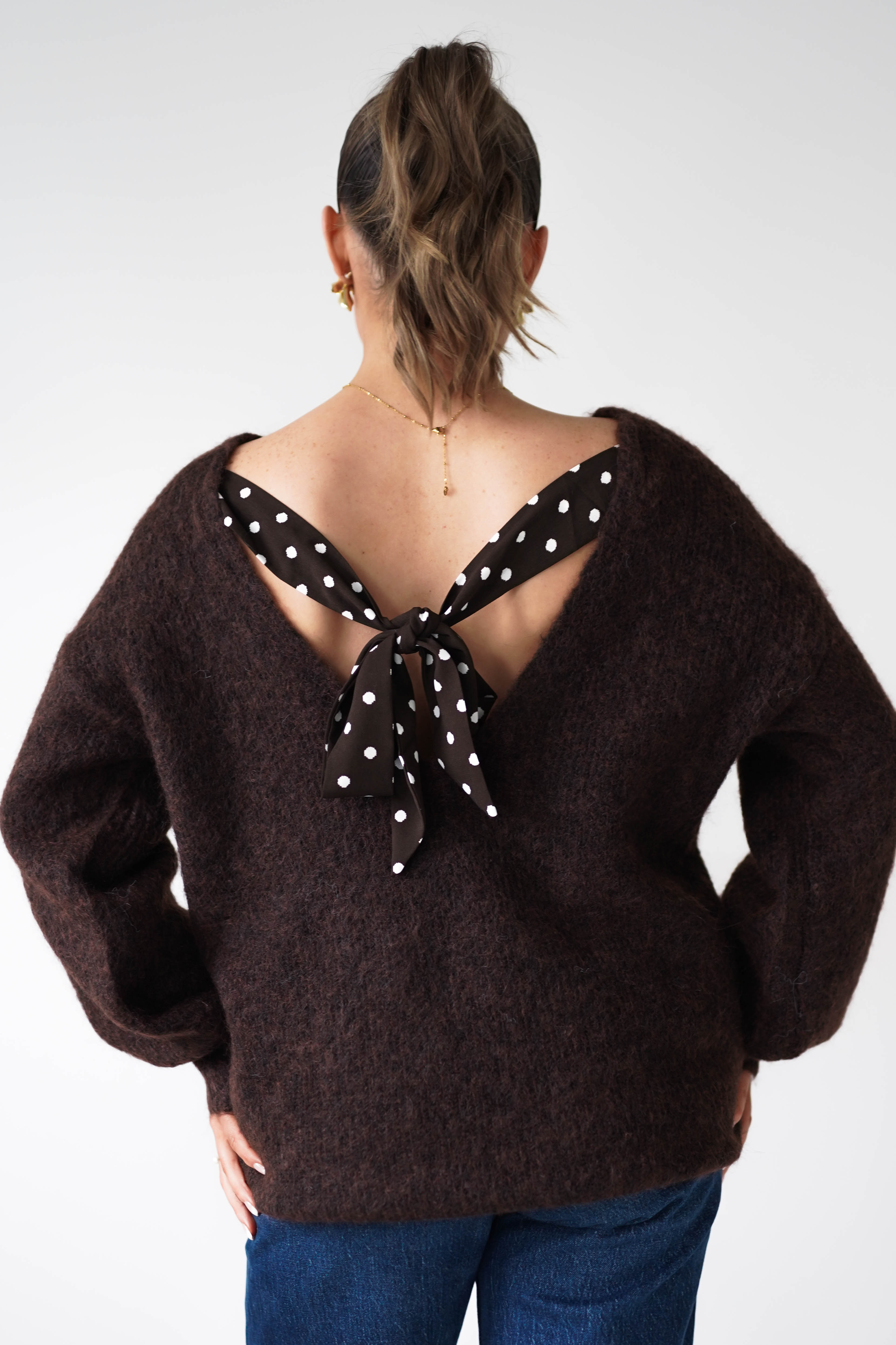 Oh Hello Clothing Women > Clothing > Knitwear ONE SIZE (6/12) 1*DONE-GRACIELA-PU6384- Polka Dot Bow Back Knit Jumper -brown
