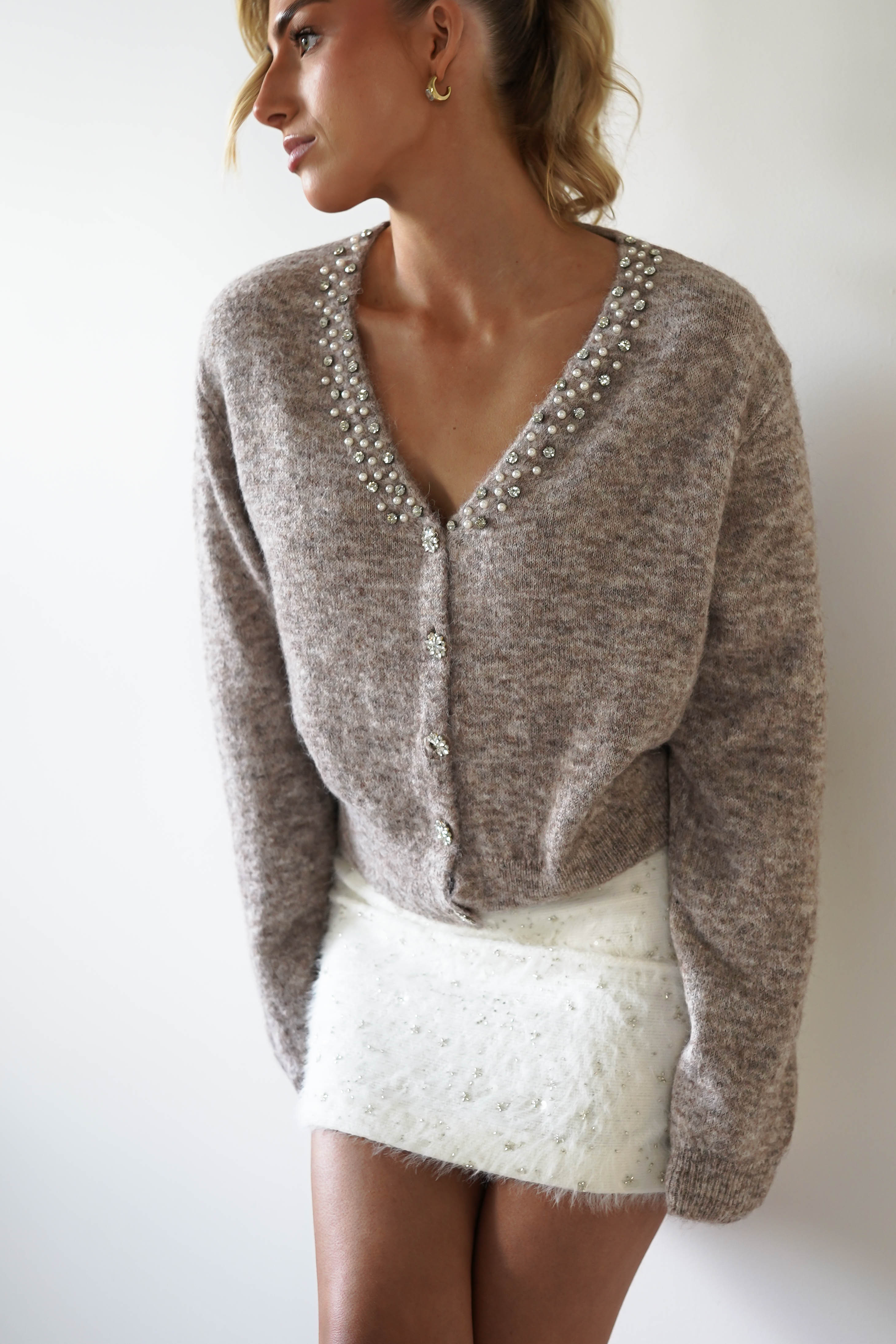 Cali Knitted Embellished Cardigan | Taupe