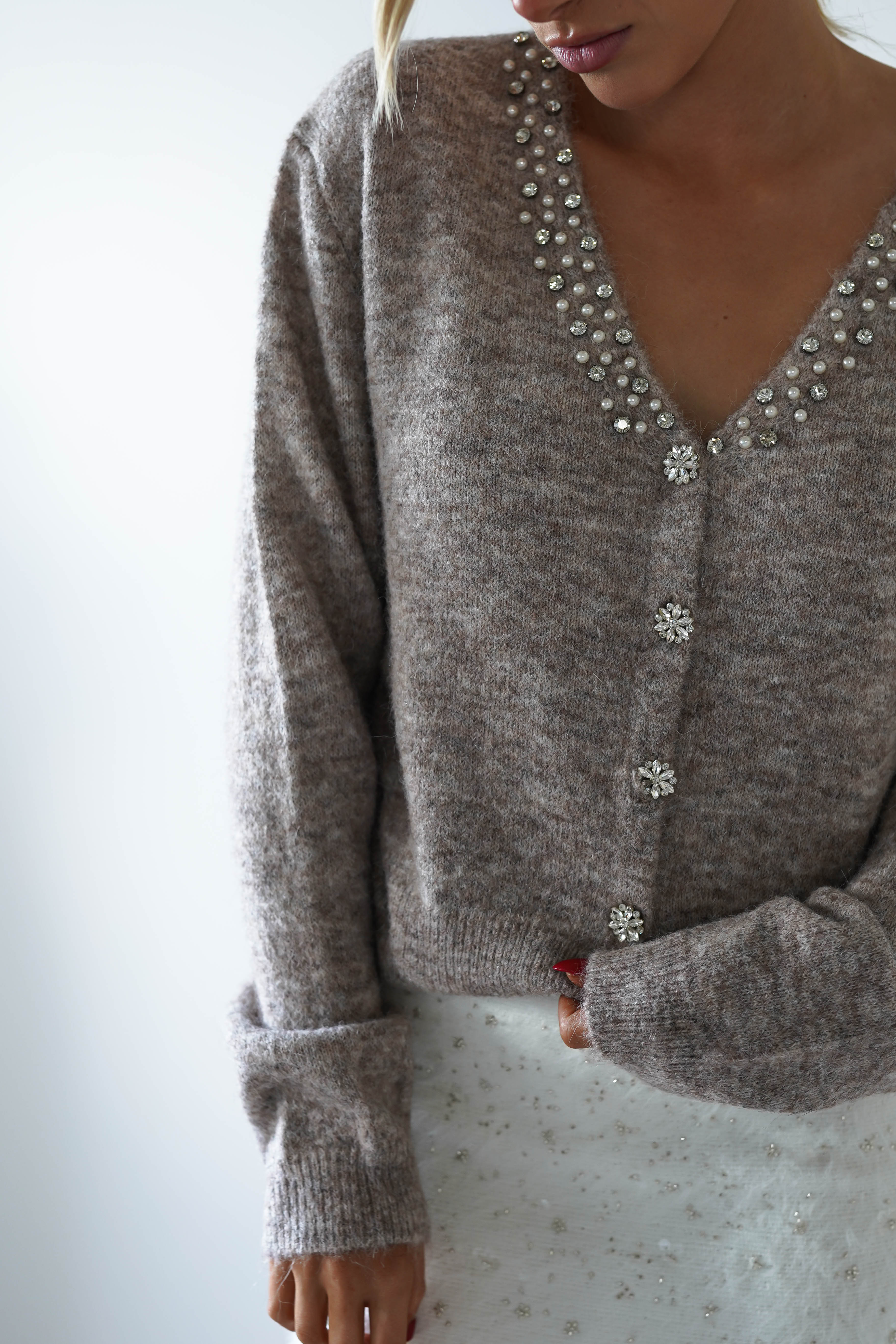 Cali Knitted Embellished Cardigan | Taupe