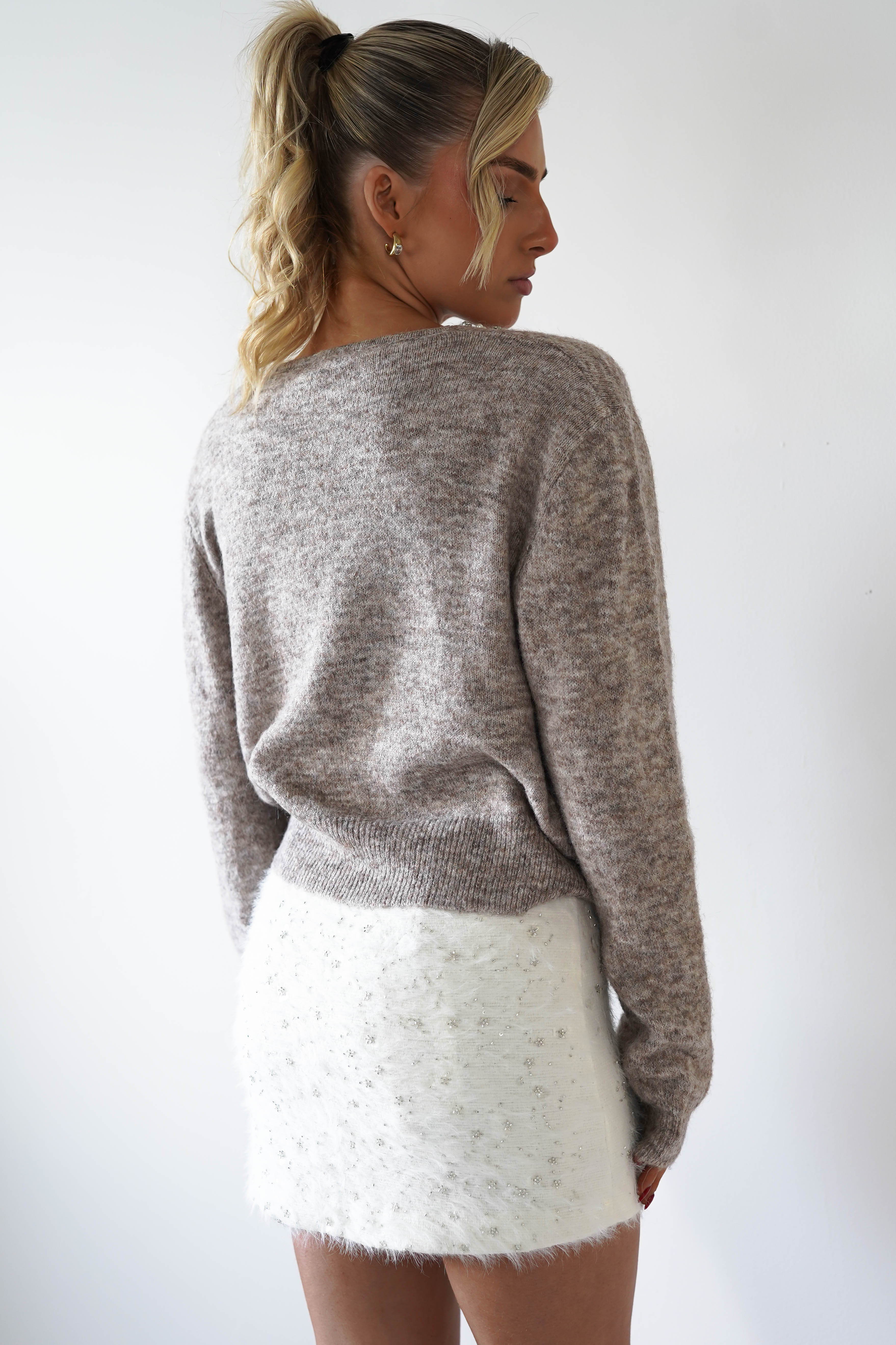 Cali Knitted Embellished Cardigan | Taupe