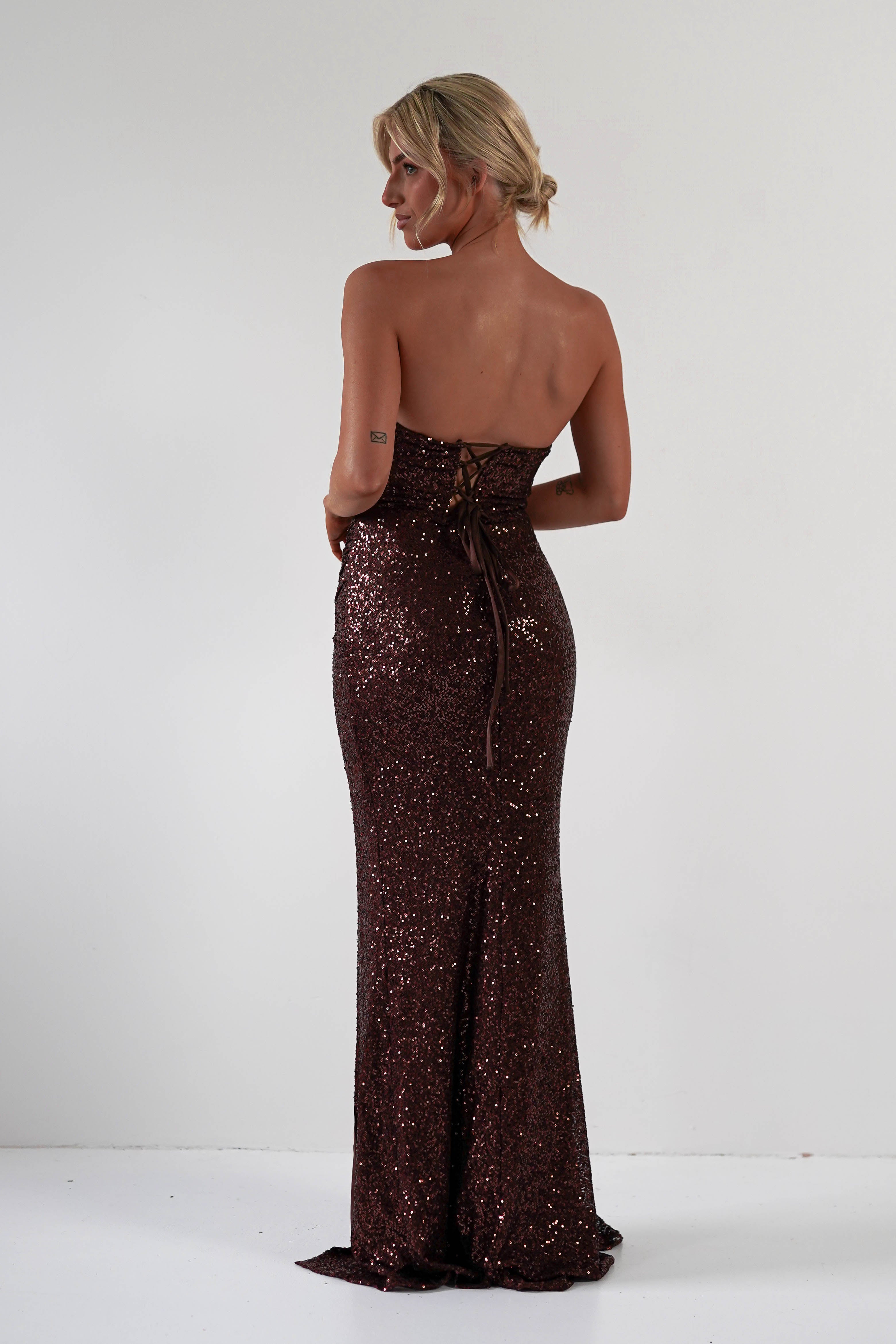 Mabel Strapless Sequin Gown | Chocolate