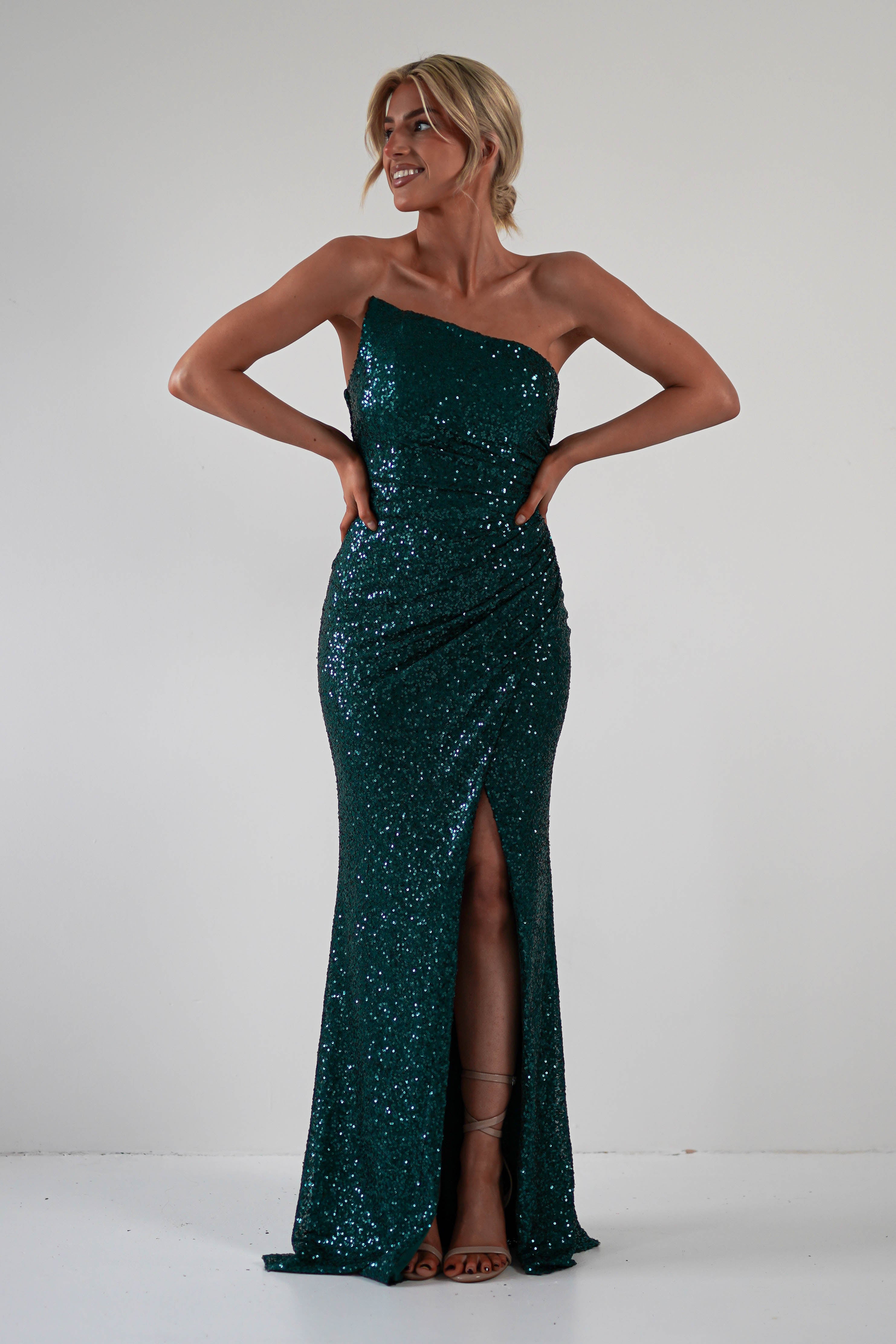 Mabel Strapless Sequin Gown | Emerald Green