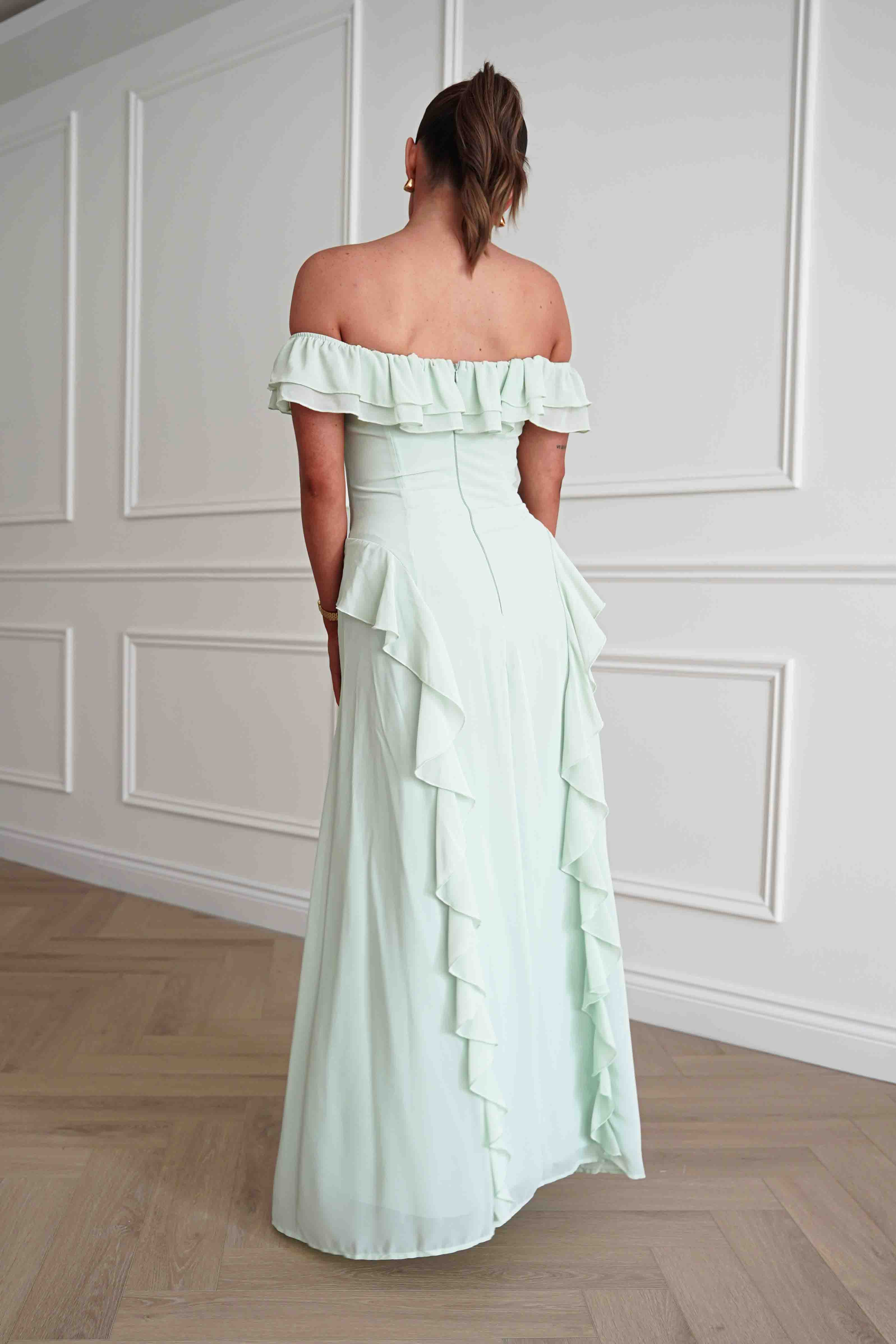 Oh Hello Clothing Dresses > Prom Dresses 1*DONE-INDIKAH-BRO501J- Ruffle Detail Bardot Maxi Dress – Sage Green