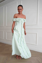 Oh Hello Clothing Dresses > Prom Dresses 1*DONE-INDIKAH-BRO501J- Ruffle Detail Bardot Maxi Dress – Sage Green