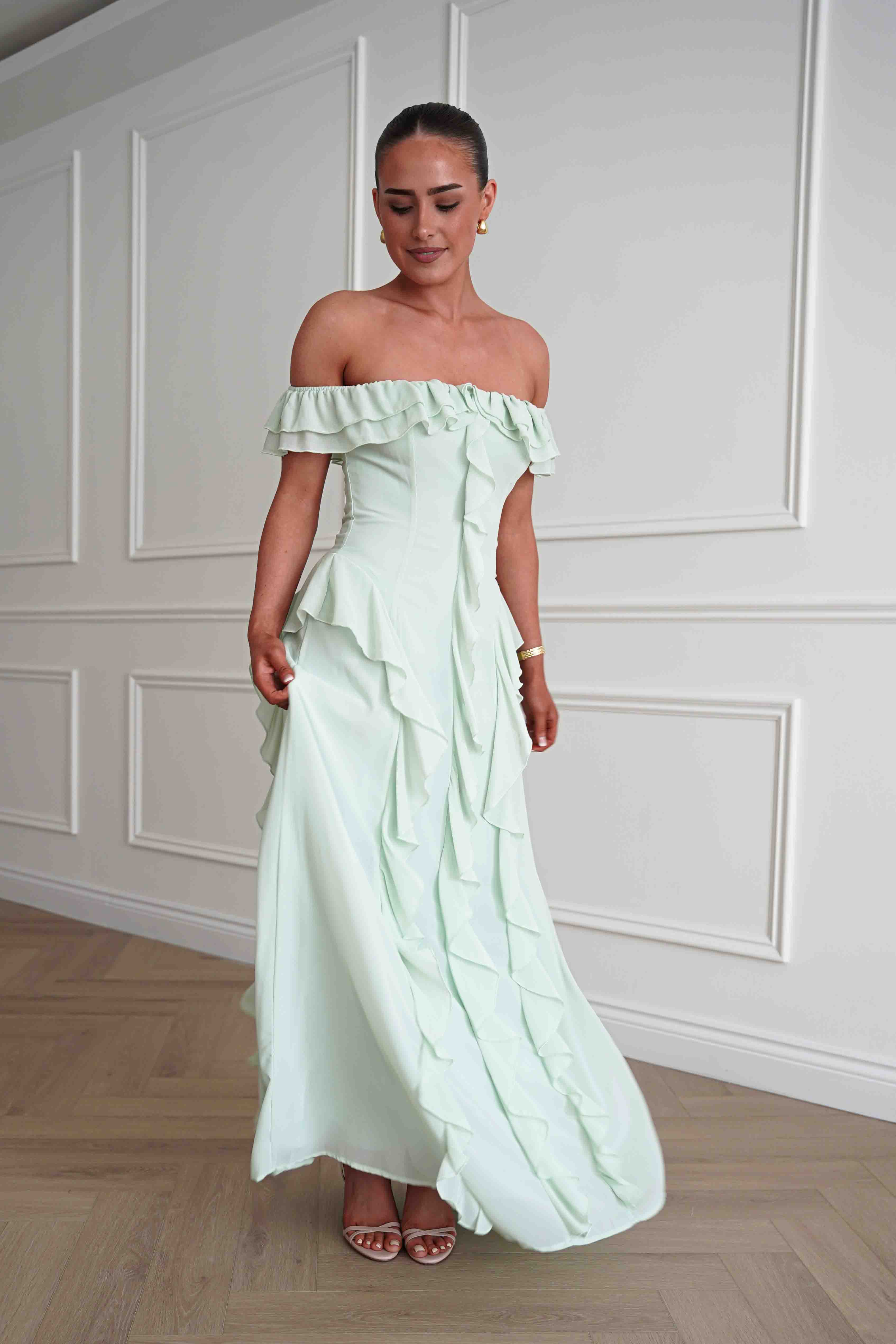 Oh Hello Clothing Dresses > Prom Dresses 1*DONE-INDIKAH-BRO501J- Ruffle Detail Bardot Maxi Dress – Sage Green