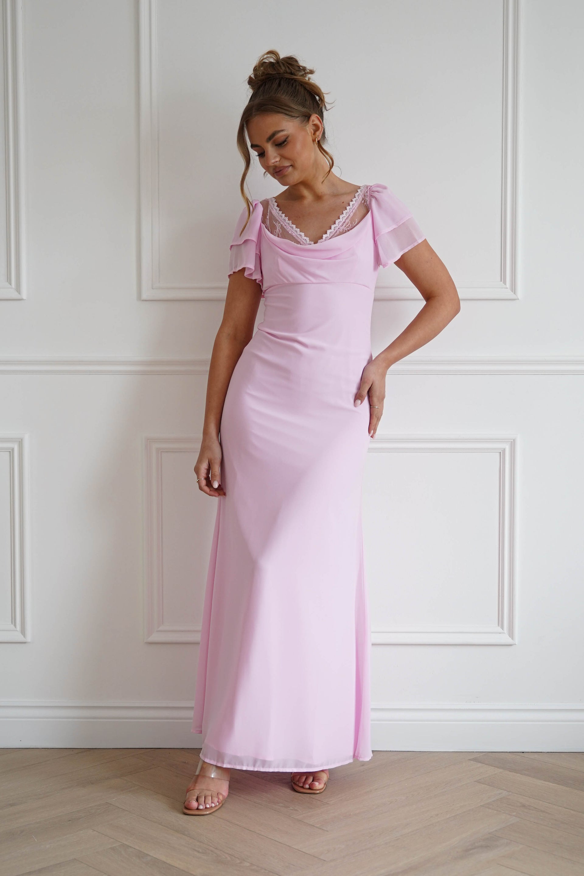 pink puff sleeve maxi dress Posie Flutter bodice maxi dress with Color:CREAM/BLACK SunnyBlooms-Yellow Sparkly Silver Satin Spaghetti