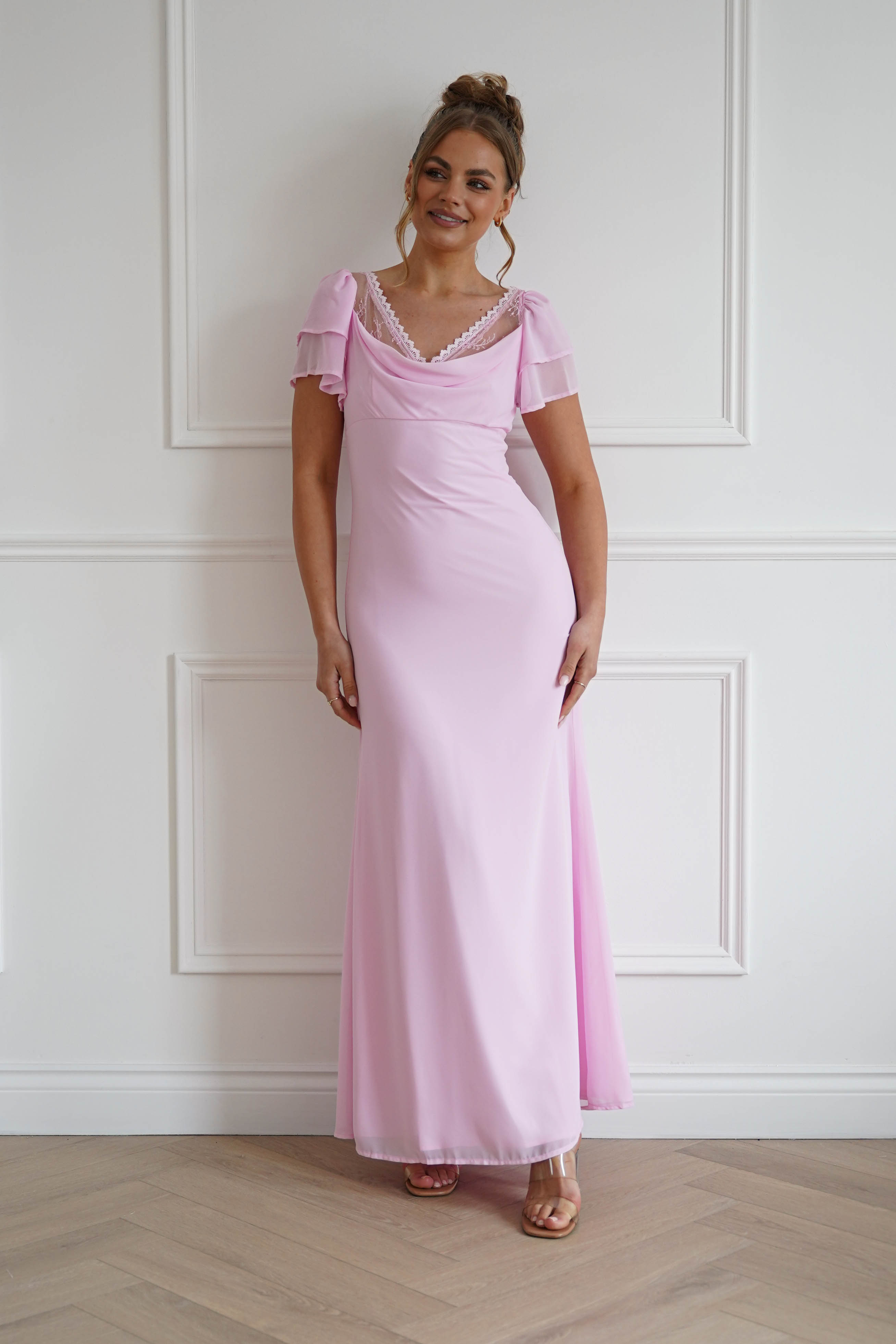 Oh Hello Clothing Women > Clothing > Dresses 1*DONE- INDIKAH-CM6669W-Pink Flutter Sleeve Maxi Dress