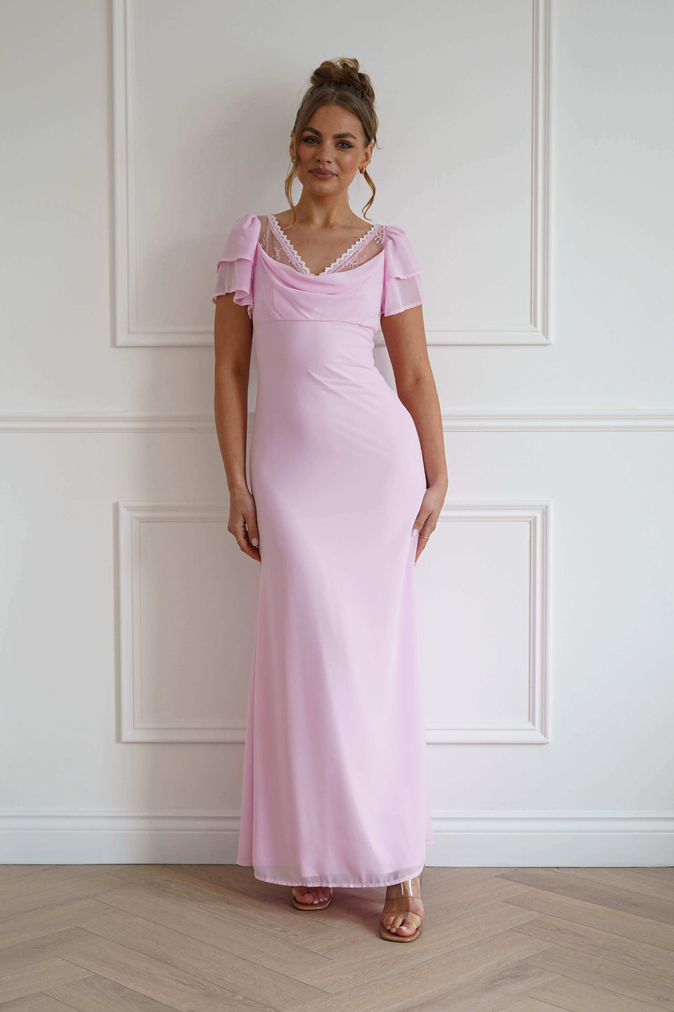 Oh Hello Clothing Women > Clothing > Dresses 1*DONE- INDIKAH-CM6669W-Pink Flutter Sleeve Maxi Dress