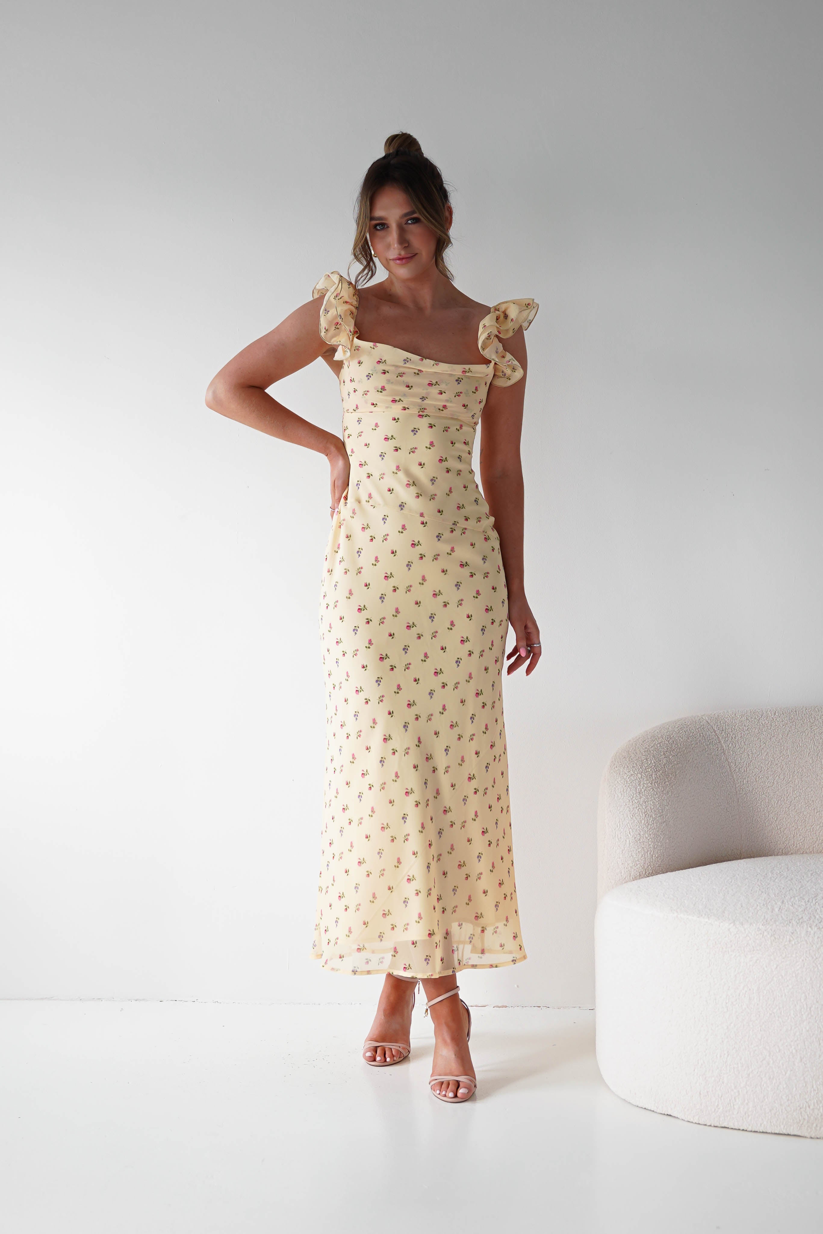 Oh Hello Clothing Women > Clothing > Dresses 1*DONE -INDIKAH-CM6688F- Butter Yellow Floral Ruffle Maxi Dress