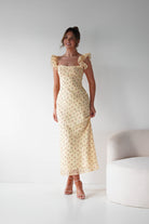 Oh Hello Clothing Women > Clothing > Dresses 1*DONE -INDIKAH-CM6688F- Butter Yellow Floral Ruffle Maxi Dress
