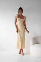 Oh Hello Clothing Women > Clothing > Dresses 1*DONE -INDIKAH-CM6688F- Butter Yellow Floral Ruffle Maxi Dress