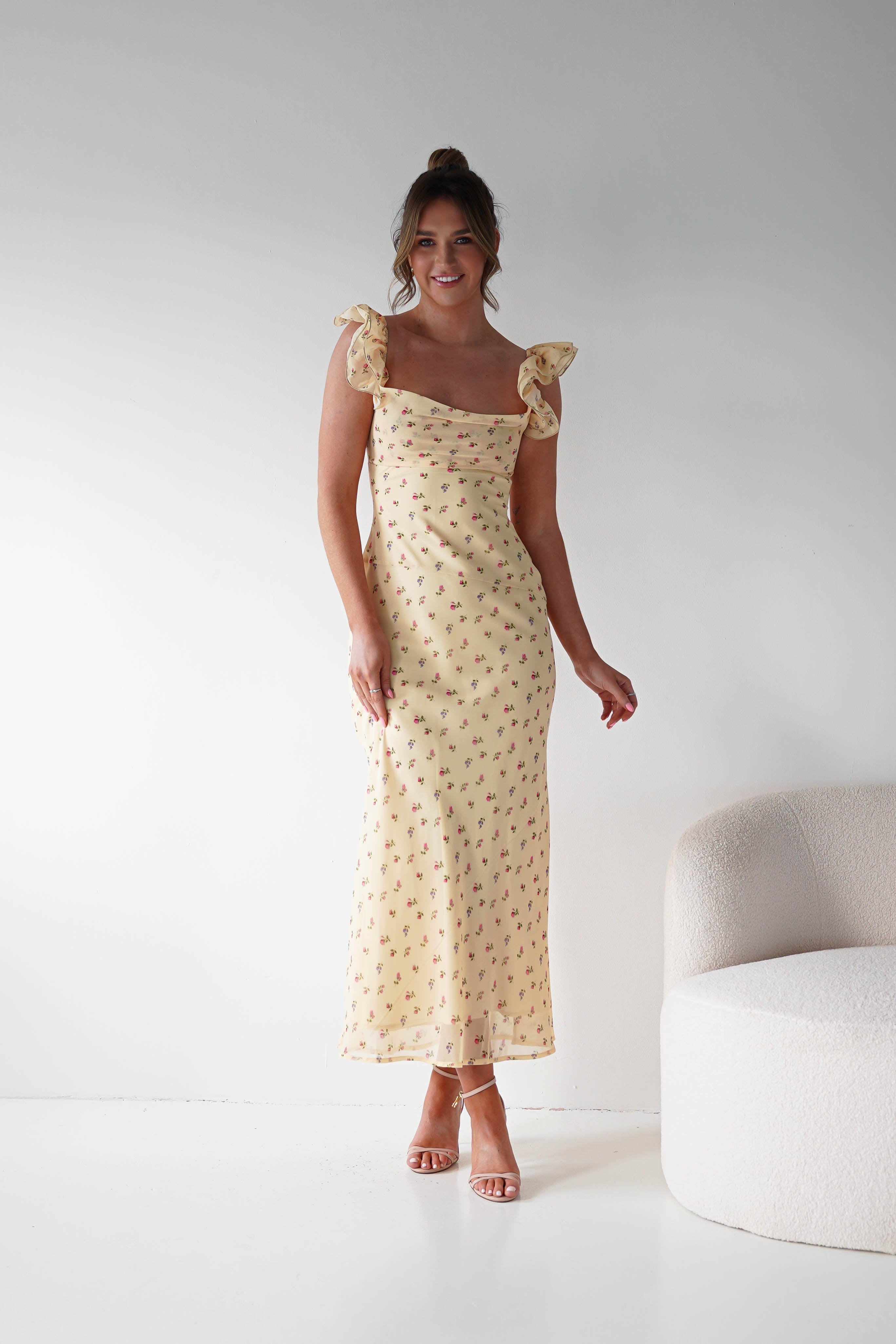 Oh Hello Clothing Women > Clothing > Dresses 1*DONE -INDIKAH-CM6688F- Butter Yellow Floral Ruffle Maxi Dress