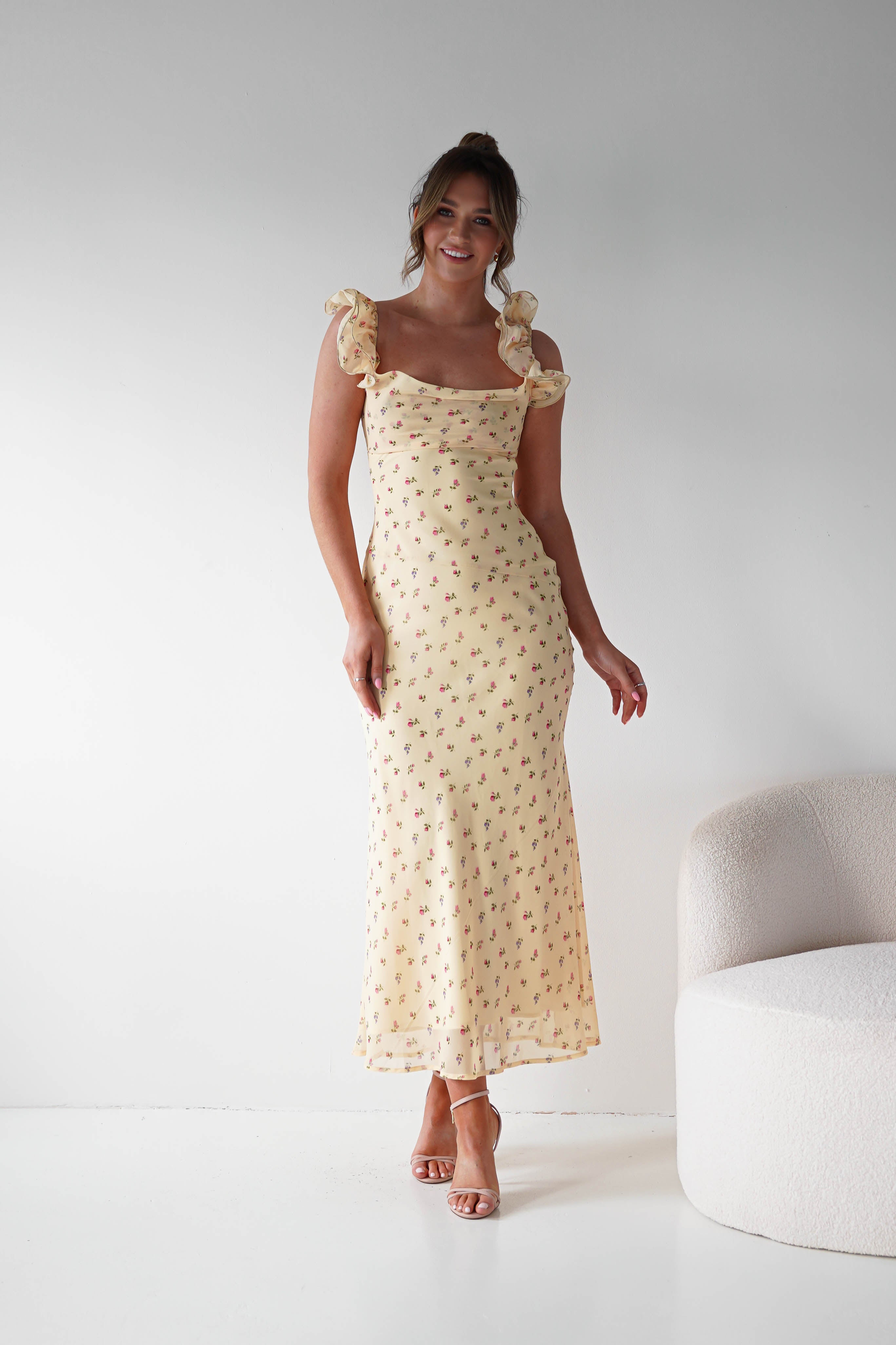 Oh Hello Clothing Women > Clothing > Dresses 1*DONE -INDIKAH-CM6688F- Butter Yellow Floral Ruffle Maxi Dress