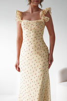 Oh Hello Clothing Women > Clothing > Dresses 1*DONE -INDIKAH-CM6688F- Butter Yellow Floral Ruffle Maxi Dress