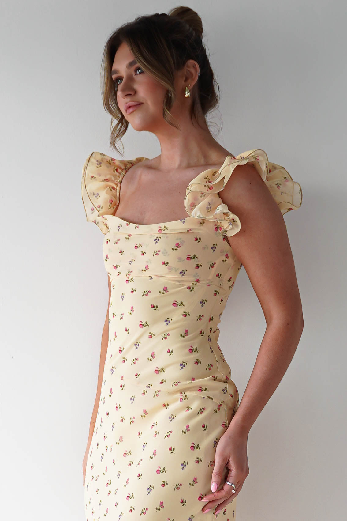 Oh Hello Clothing Women > Clothing > Dresses 1*DONE -INDIKAH-CM6688F- Butter Yellow Floral Ruffle Maxi Dress