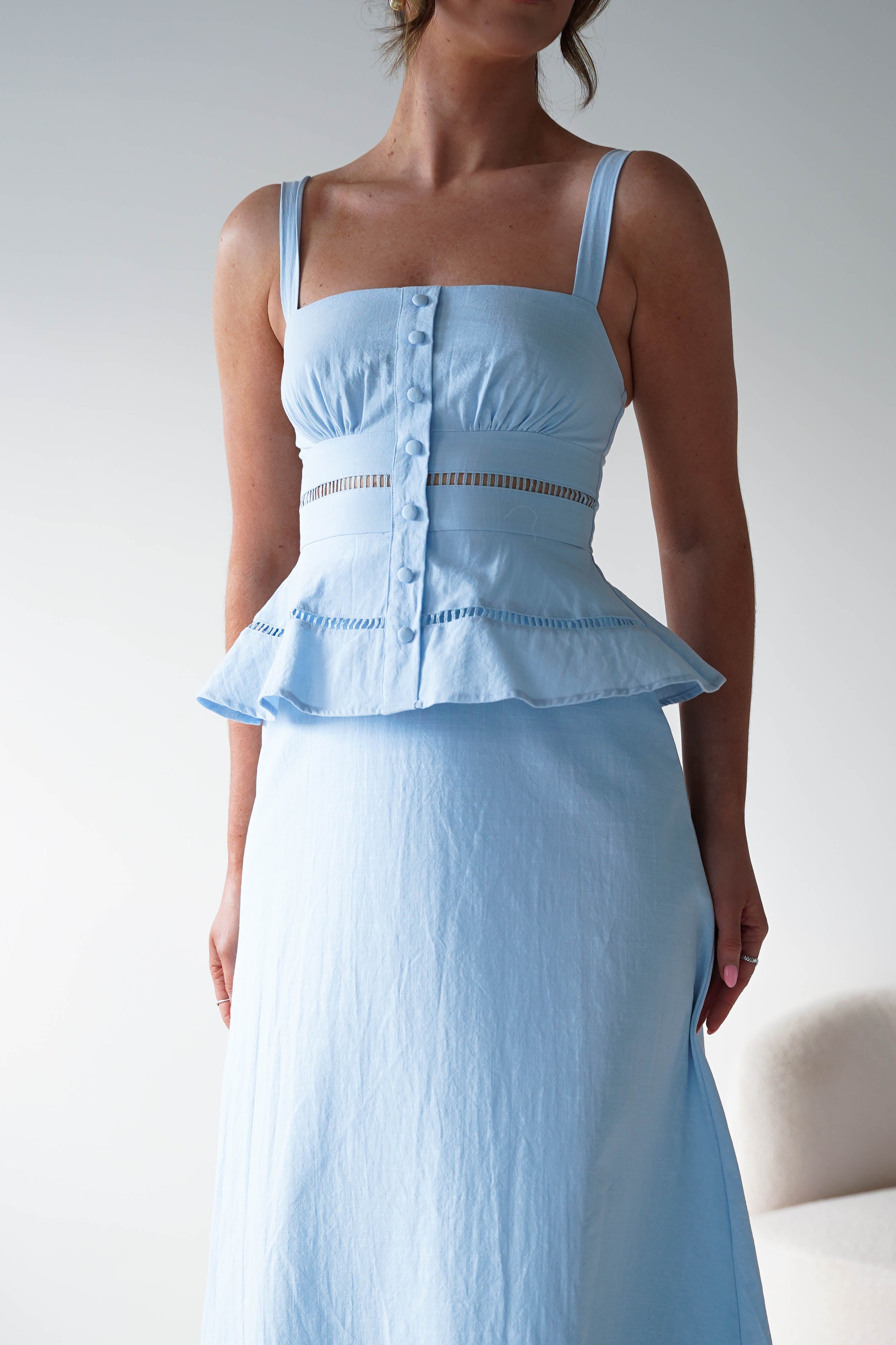 Oh Hello Clothing Women > Clothing > Dresses 1*DONE -INDIKAH-CM6696F- BLUE MIDI DRESS WITH PEPLUM DETAIL