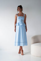 Oh Hello Clothing Women > Clothing > Dresses 1*DONE -INDIKAH-CM6696F- BLUE MIDI DRESS WITH PEPLUM DETAIL