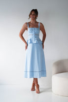 Oh Hello Clothing Women > Clothing > Dresses 1*DONE -INDIKAH-CM6696F- BLUE MIDI DRESS WITH PEPLUM DETAIL