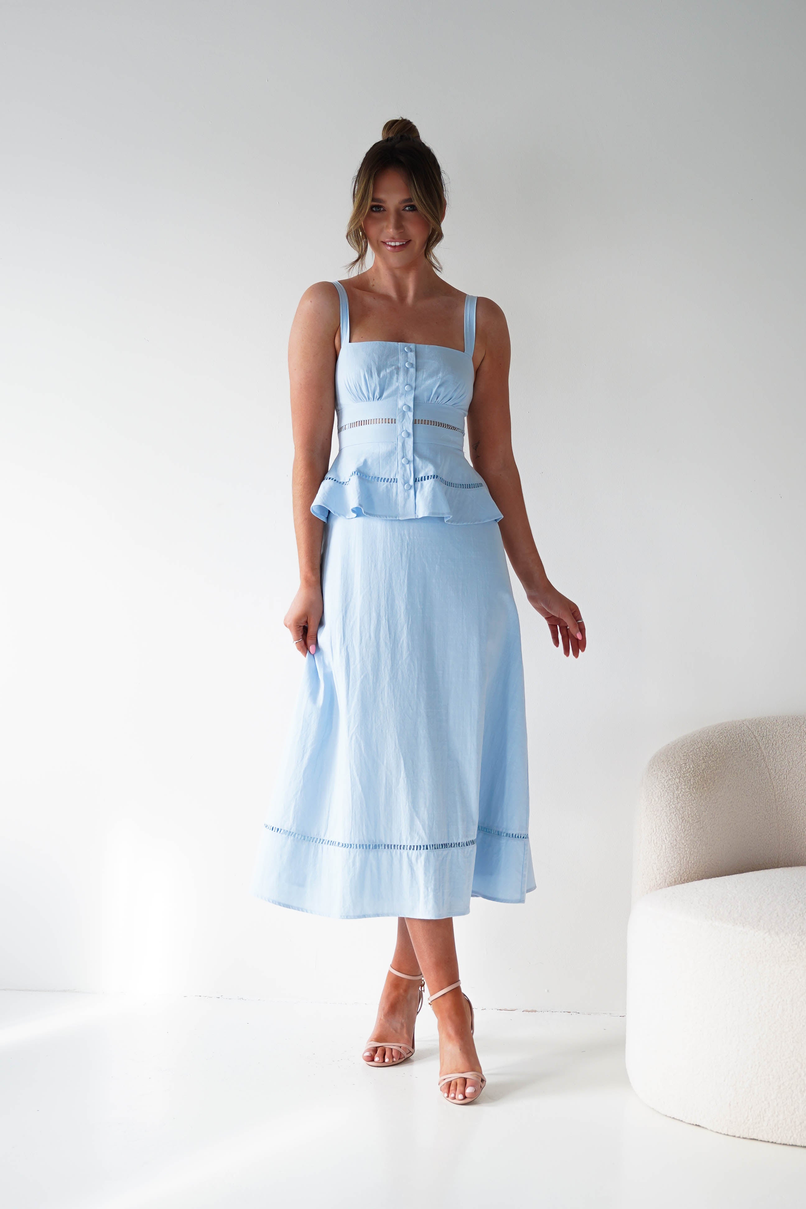 Oh Hello Clothing Women > Clothing > Dresses 1*DONE -INDIKAH-CM6696F- BLUE MIDI DRESS WITH PEPLUM DETAIL