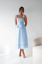 Oh Hello Clothing Women > Clothing > Dresses 1*DONE -INDIKAH-CM6696F- BLUE MIDI DRESS WITH PEPLUM DETAIL