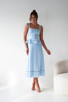 Oh Hello Clothing Women > Clothing > Dresses 1*DONE -INDIKAH-CM6696F- BLUE MIDI DRESS WITH PEPLUM DETAIL