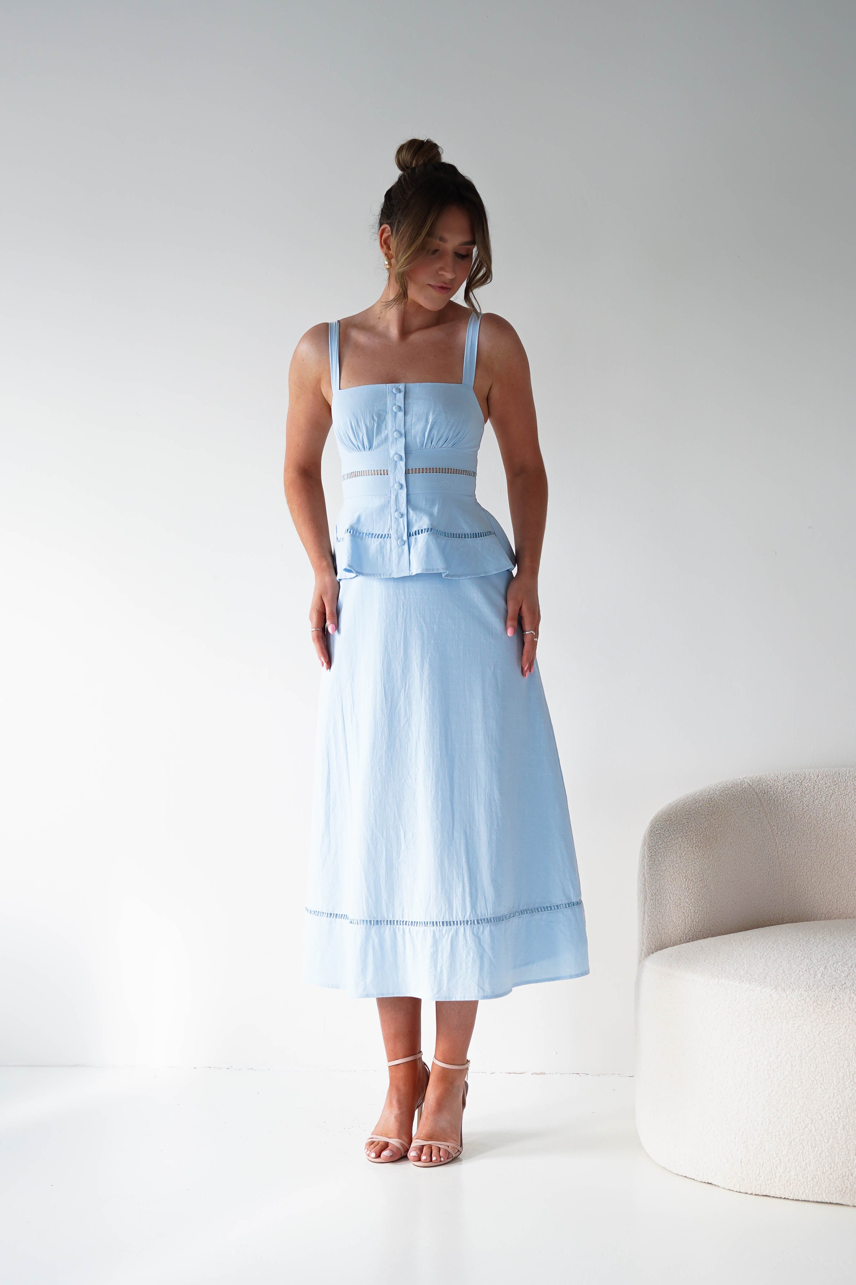 Oh Hello Clothing Women > Clothing > Dresses 1*DONE -INDIKAH-CM6696F- BLUE MIDI DRESS WITH PEPLUM DETAIL
