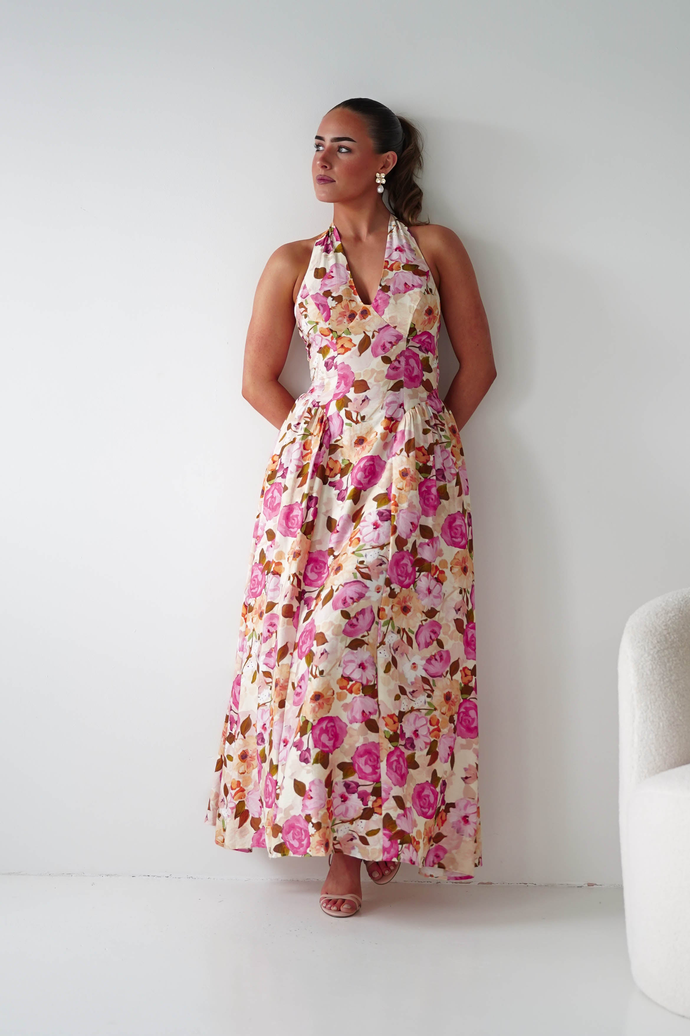 Oh Hello Clothing Women > Clothing > Dresses 1*DONE -INDIKAH-CM6714J-Blush & Rose Floral Halterneck Maxi Dress