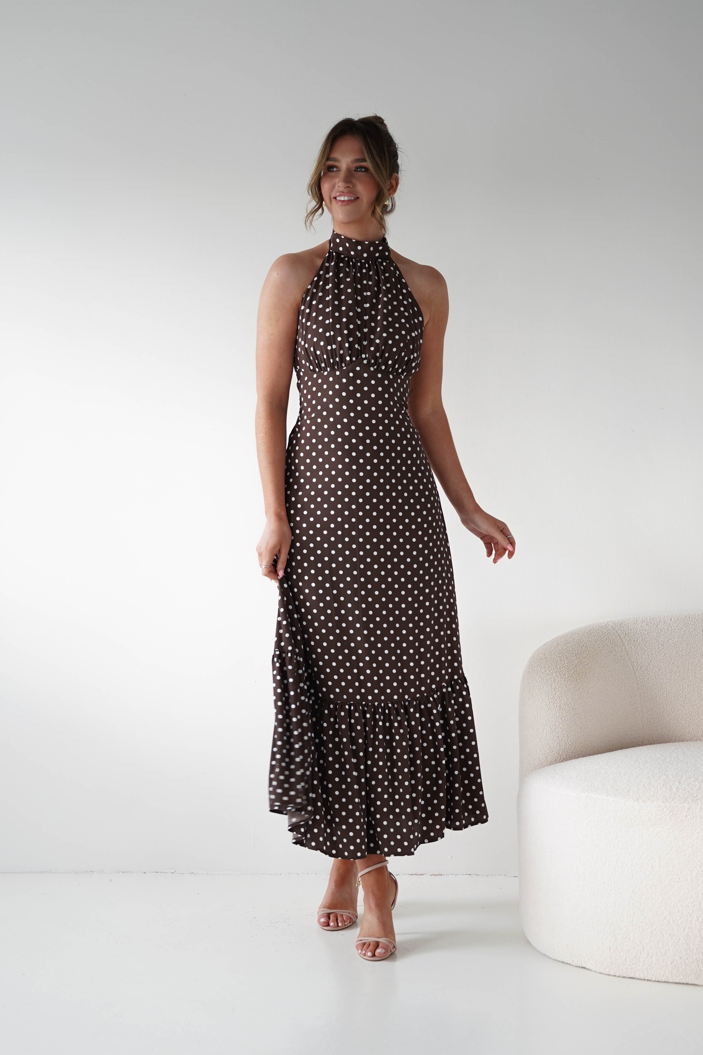 Oh Hello Clothing Women > Clothing > Dresses 1*DONE -INDIKAH-CM6717J-Brown Polka Dot Halter Neck Midi Dress