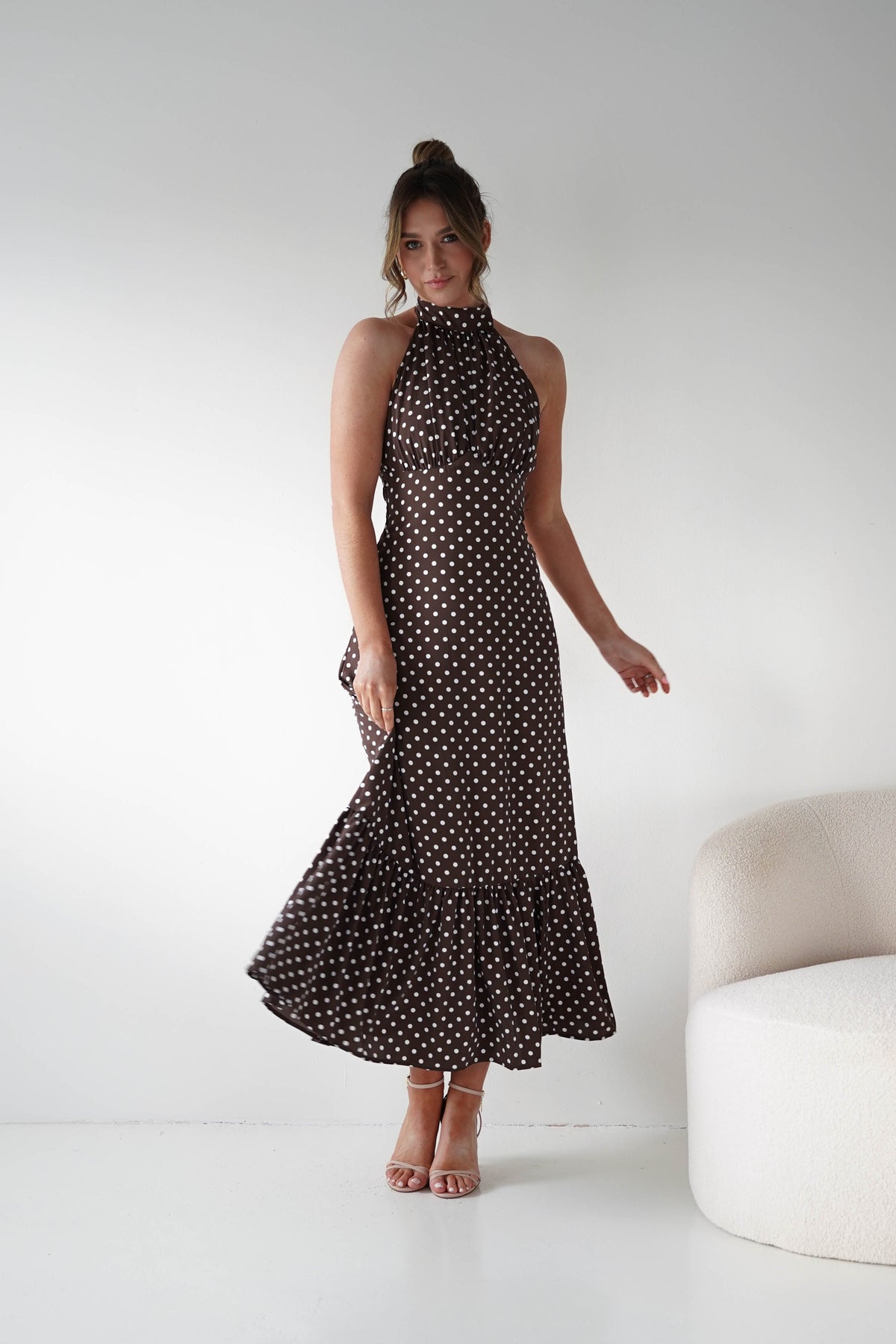 Verlo Polka Dot Halter Neck Maxi Dress | Brown