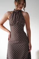 Oh Hello Clothing Women > Clothing > Dresses 1*DONE -INDIKAH-CM6717J-Brown Polka Dot Halter Neck Midi Dress