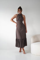 Oh Hello Clothing Women > Clothing > Dresses 1*DONE -INDIKAH-CM6717J-Brown Polka Dot Halter Neck Midi Dress