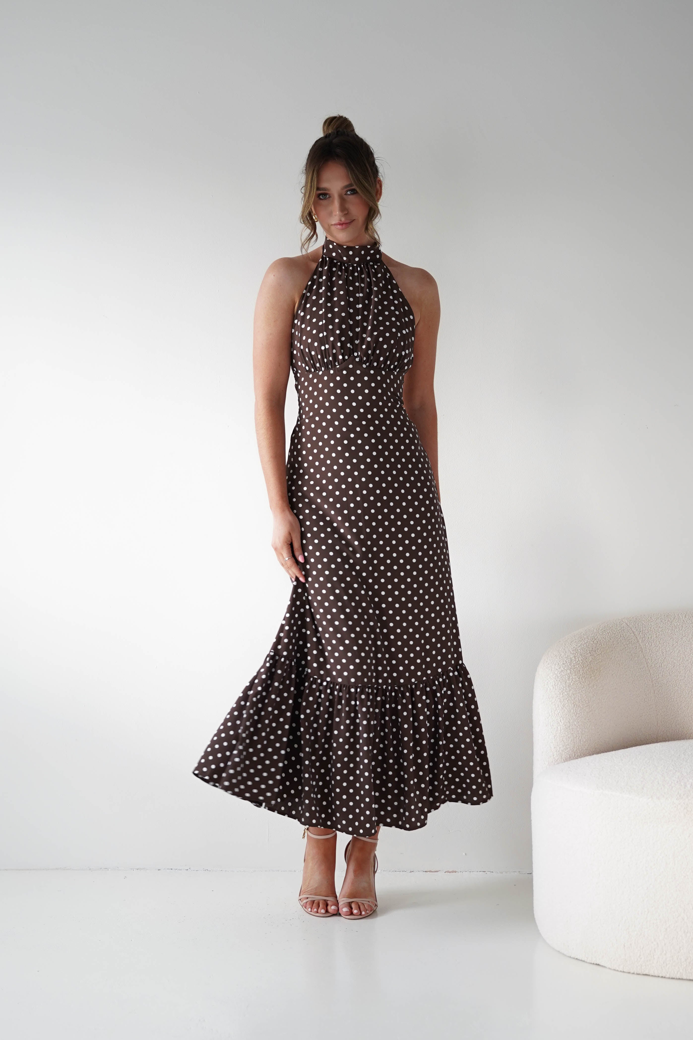 Oh Hello Clothing Women > Clothing > Dresses 1*DONE -INDIKAH-CM6717J-Brown Polka Dot Halter Neck Midi Dress