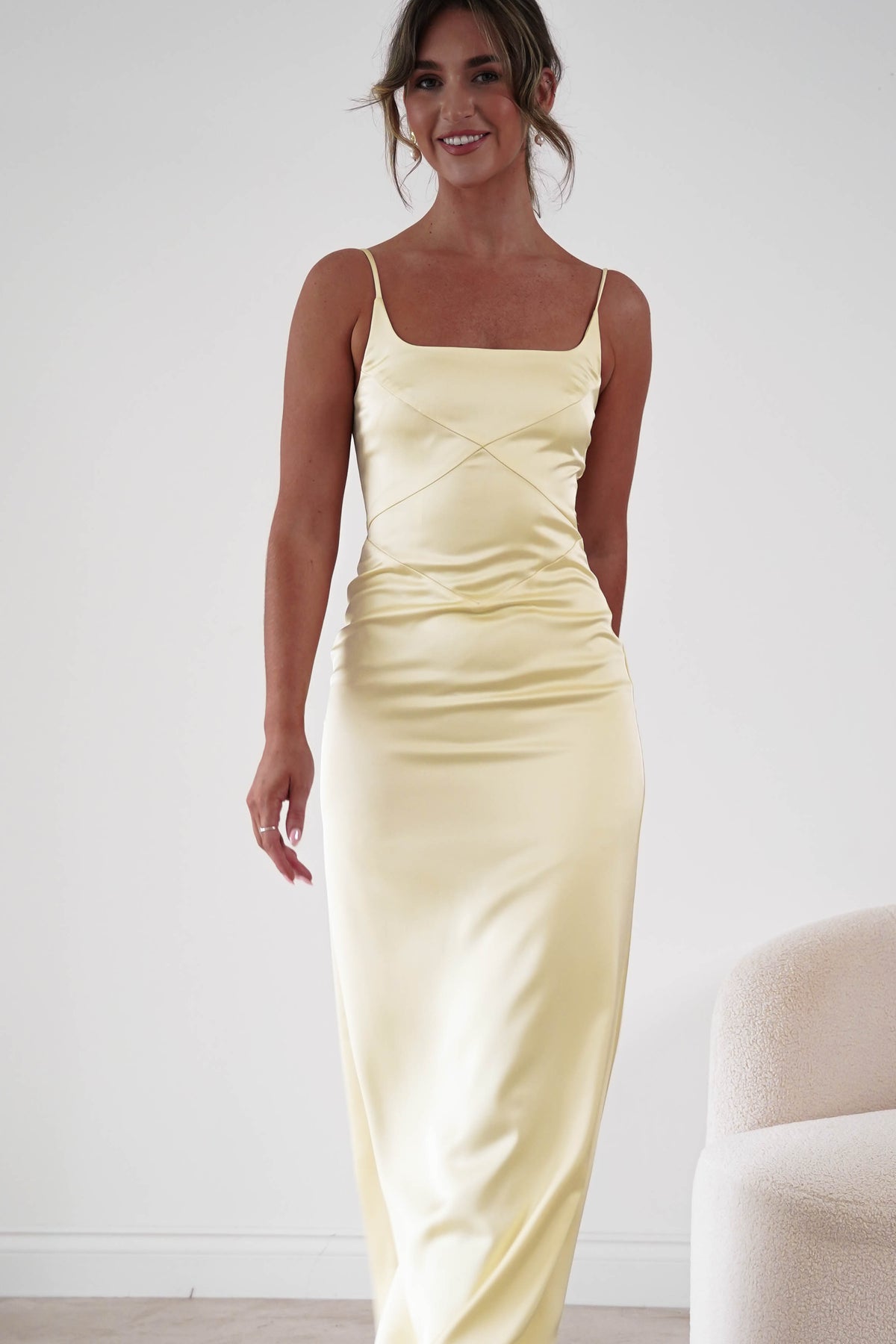 Oh Hello Clothing Women > Clothing > Dresses 1*DONE*-INDIKAH-HRT0191F-Butter Yellow Satin Panelled Maxi Dress