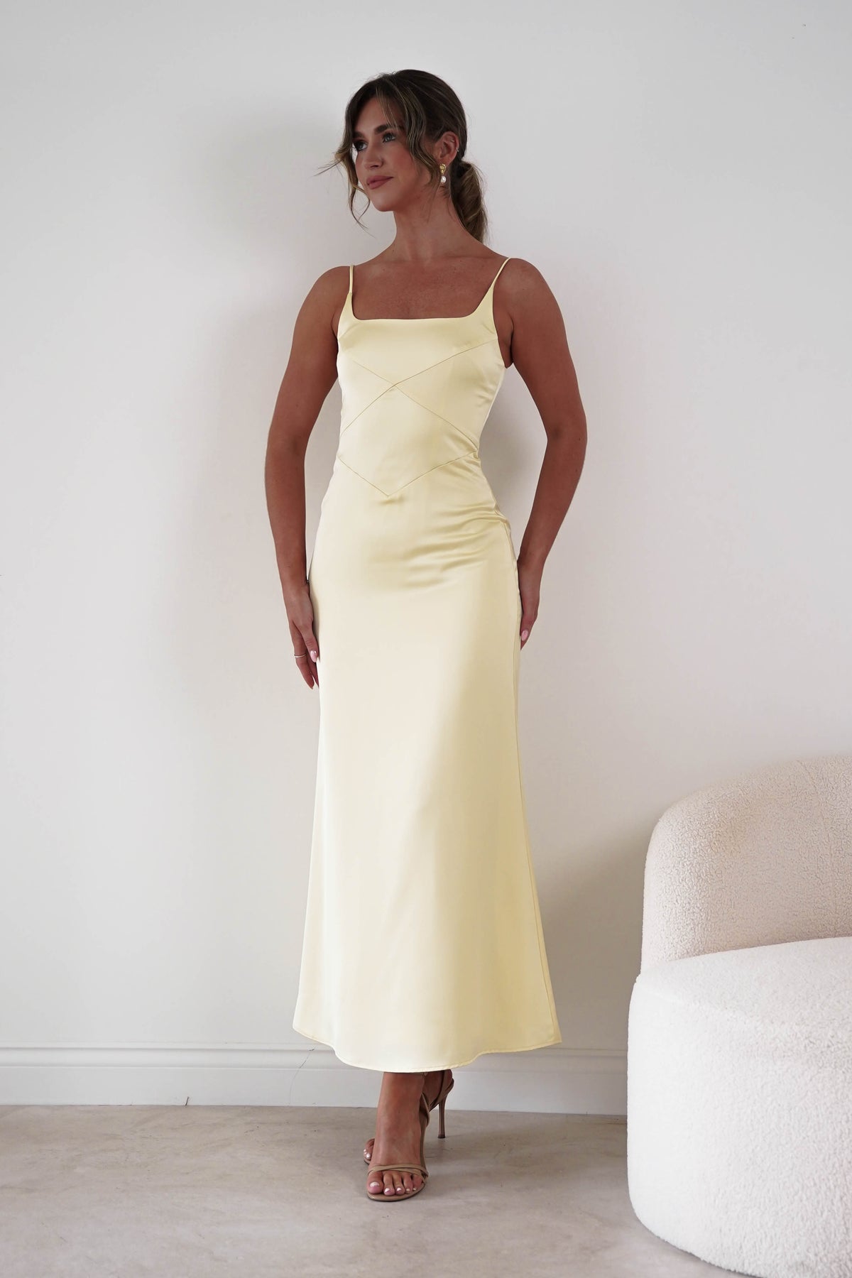 Oh Hello Clothing Women > Clothing > Dresses 1*DONE*-INDIKAH-HRT0191F-Butter Yellow Satin Panelled Maxi Dress