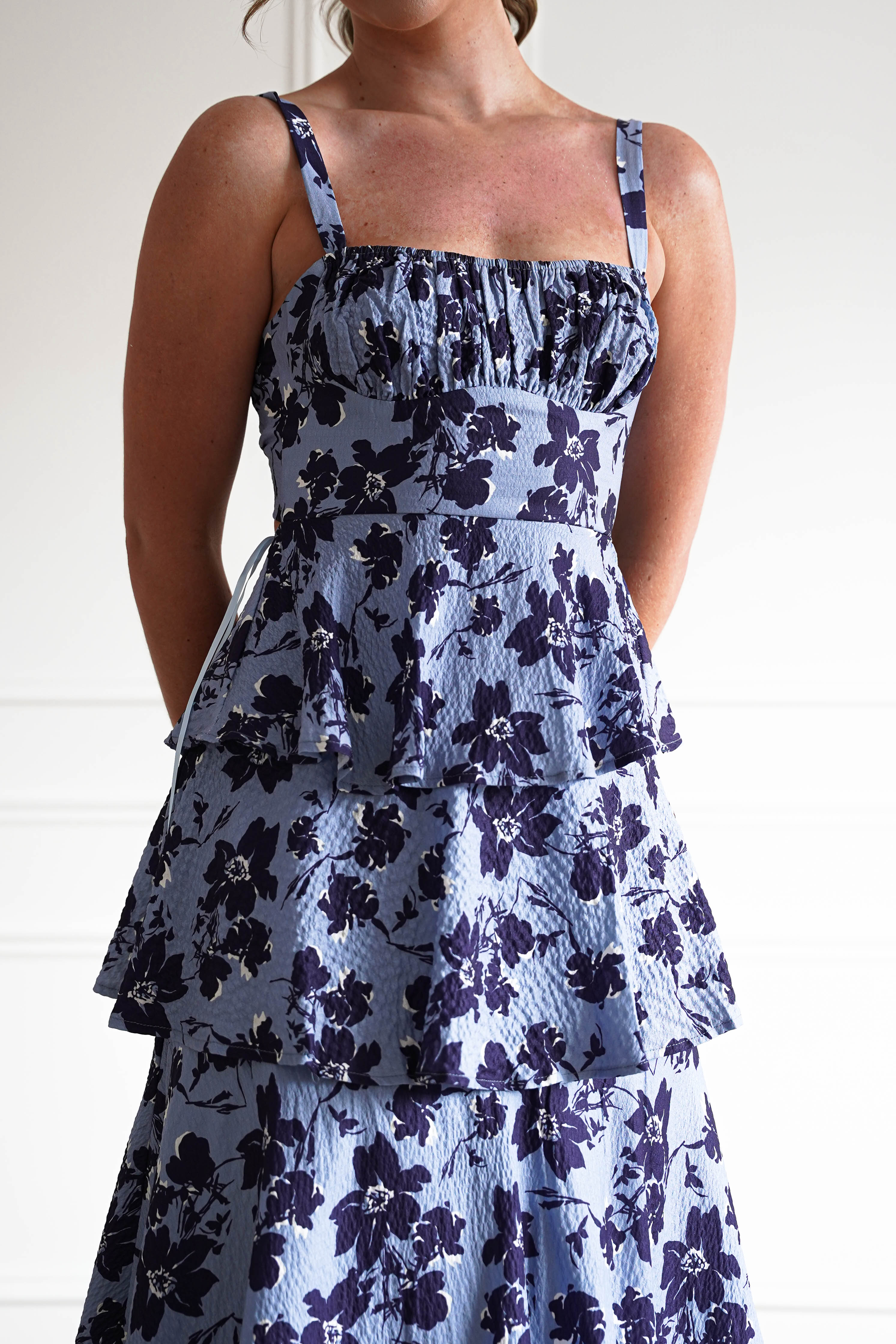Oh Hello Clothing Women > Clothing > Dresses 1*DONE-INDIKAH-SR0841JK46- Blue Floral Tie Back Midi Dress