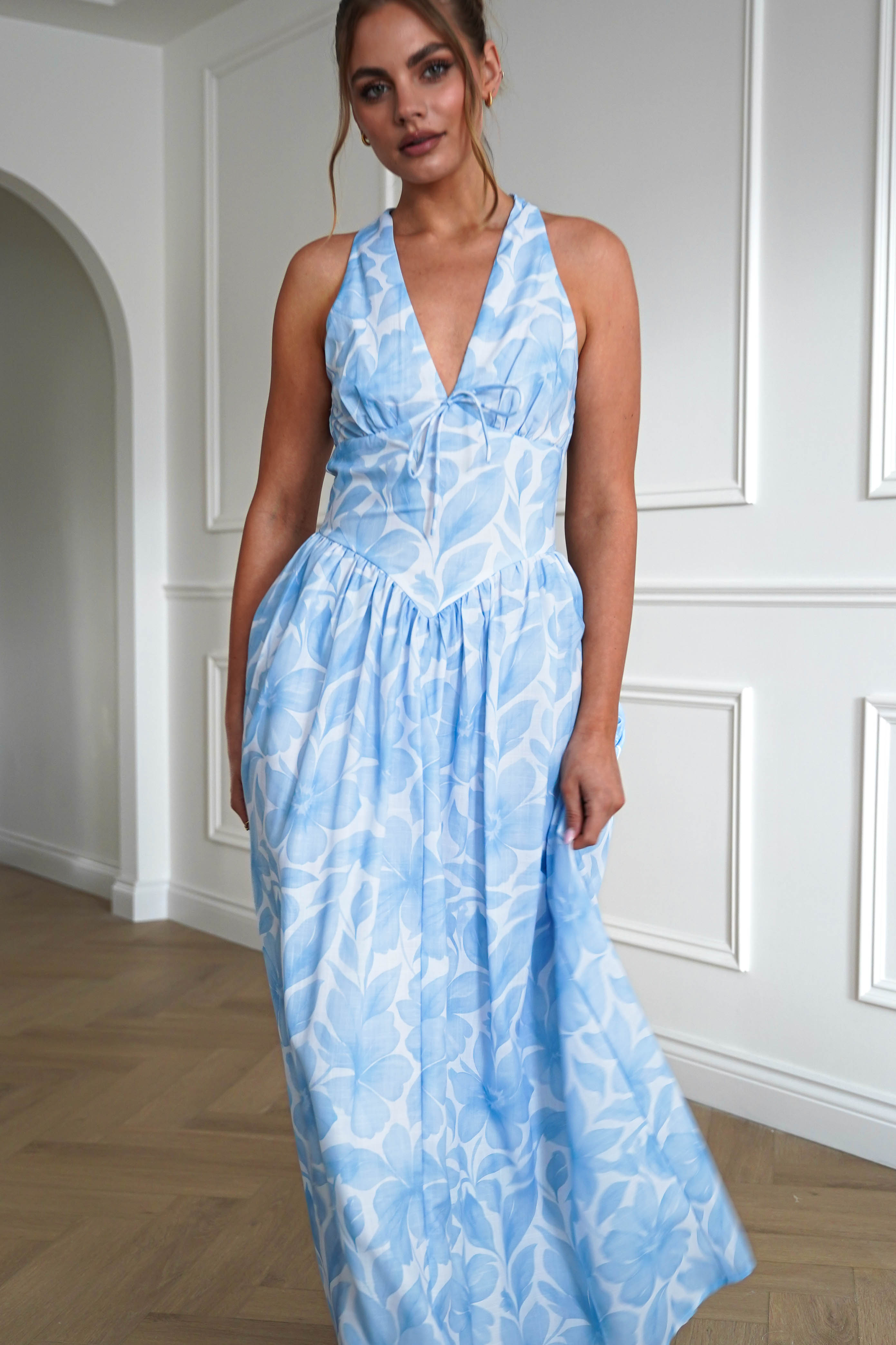 Oh Hello Clothing Dresses > Prom Dresses 1*DONE-INIKAH-ST5286JK03- Blue Floral Halterneck Midi Dress